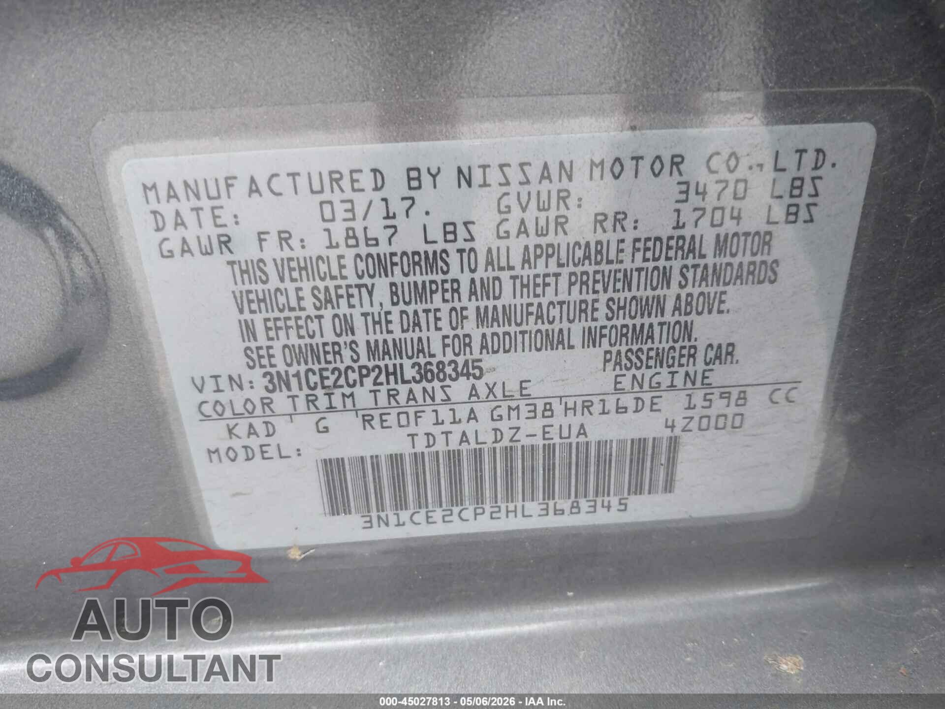 NISSAN VERSA NOTE 2017 - 3N1CE2CP2HL368345