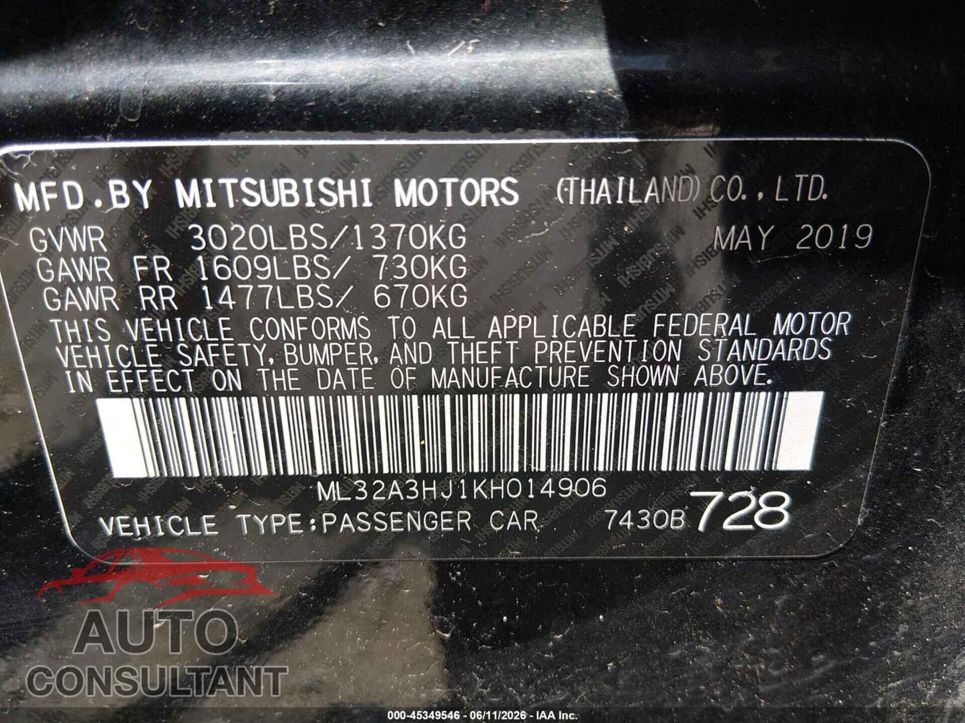 MITSUBISHI MIRAGE 2019 - ML32A3HJ1KH014906
