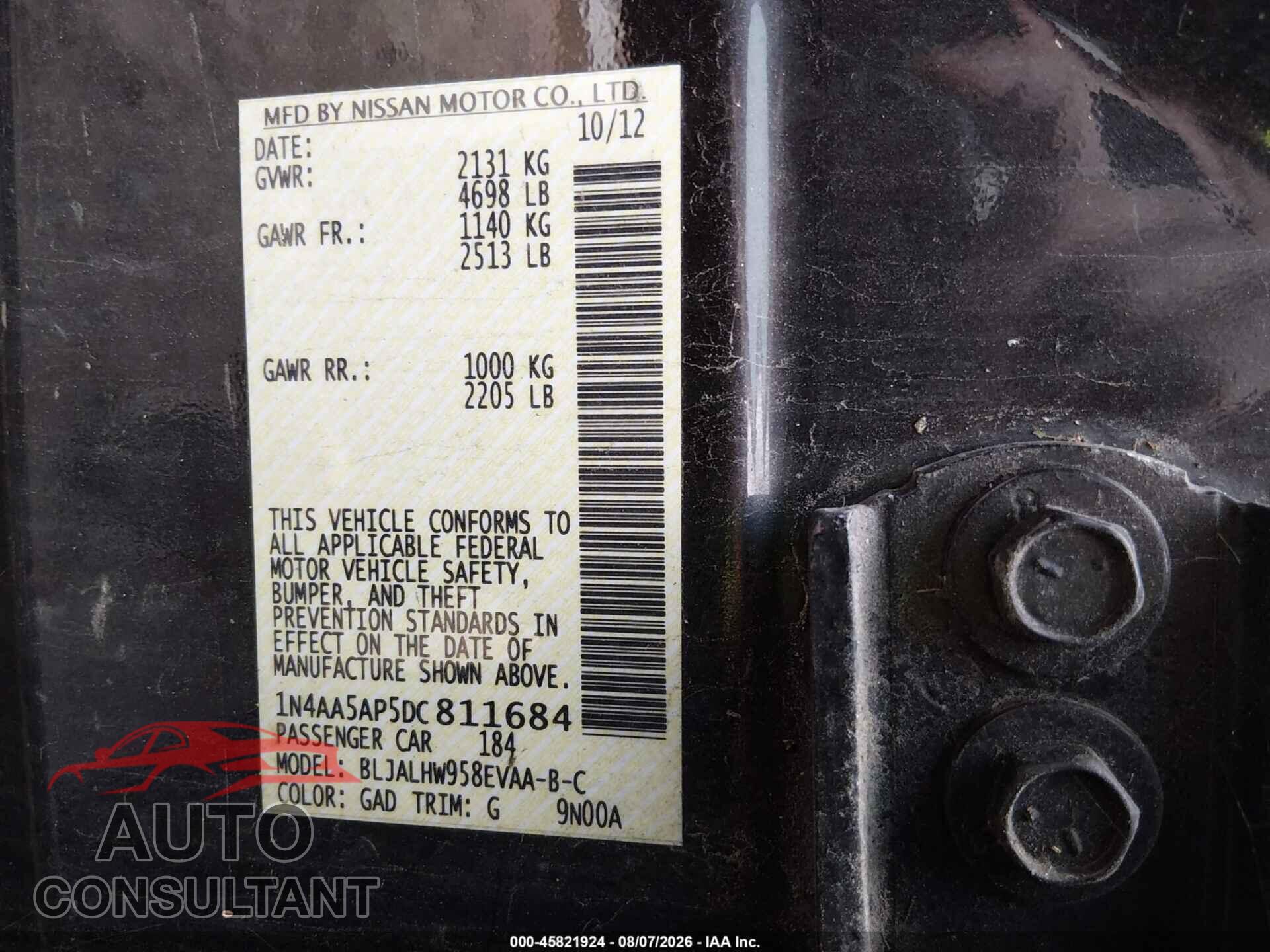 NISSAN MAXIMA 2013 - 1N4AA5AP5DC811684