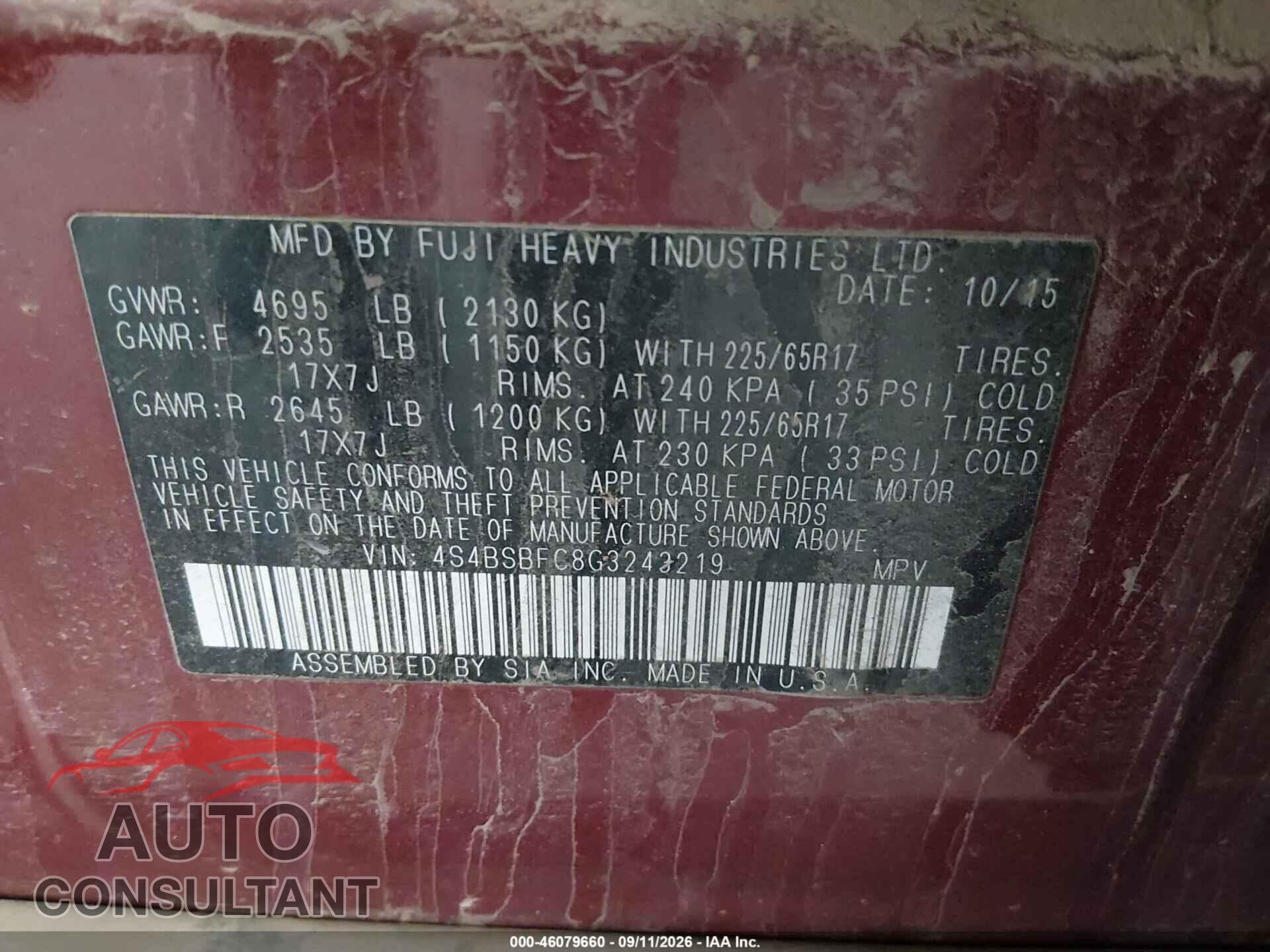 SUBARU OUTBACK 2016 - 4S4BSBFC8G3243219