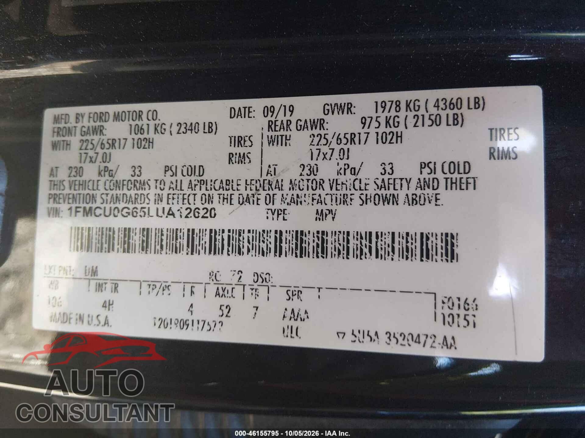FORD ESCAPE 2020 - 1FMCU0G65LUA12620