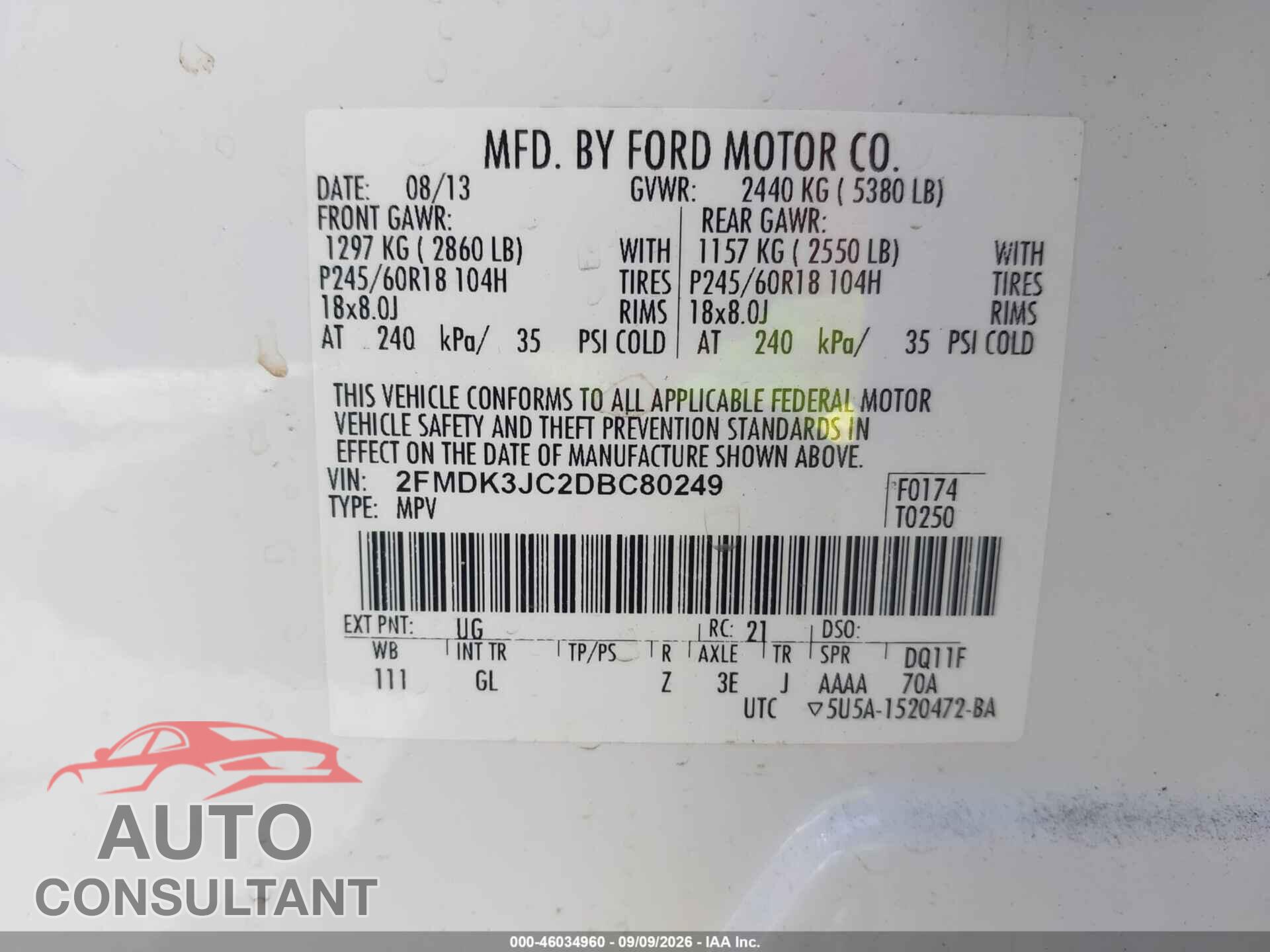 FORD EDGE 2013 - 2FMDK3JC2DBC80249
