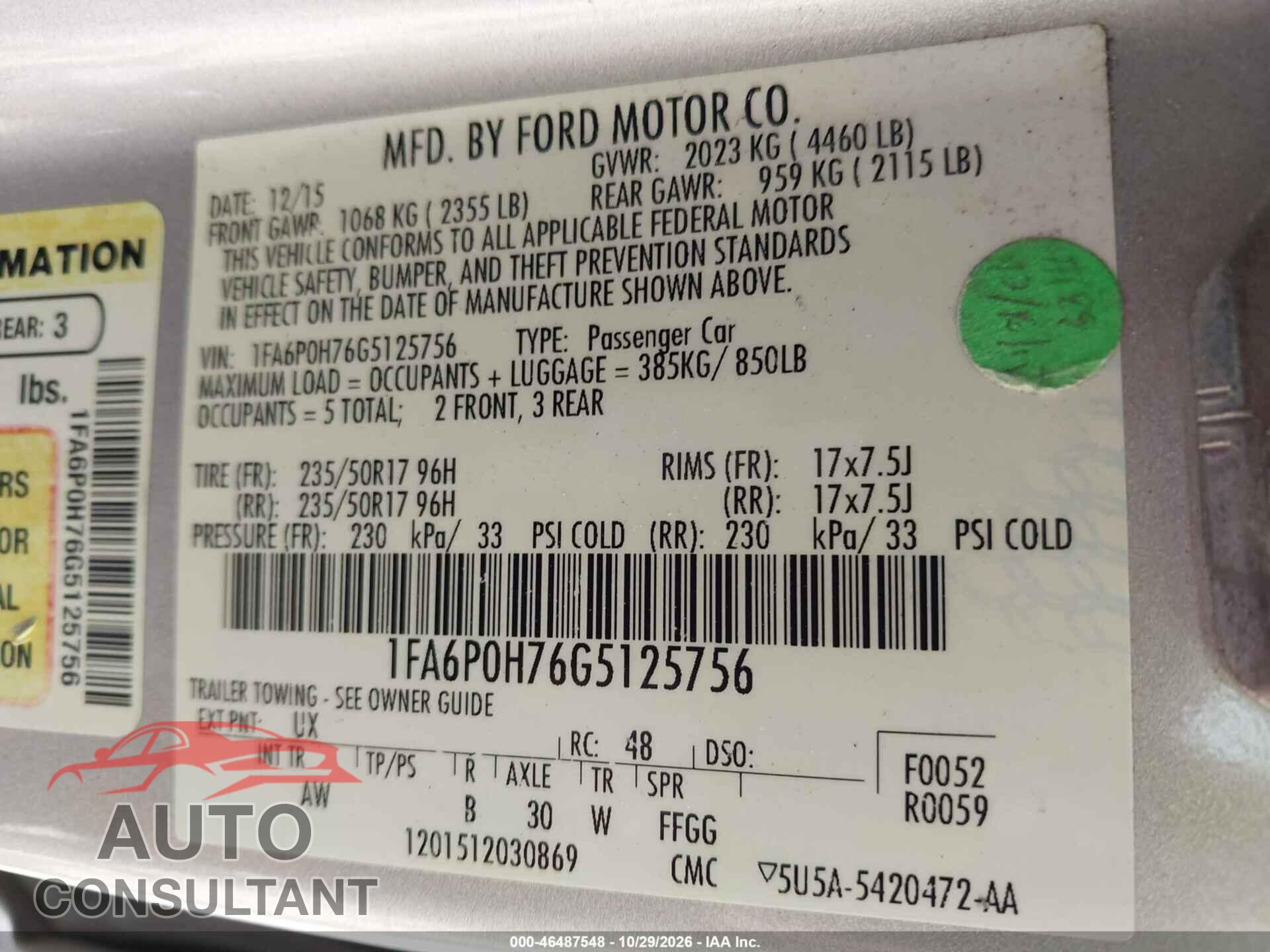 FORD FUSION 2016 - 1FA6P0H76G5125756