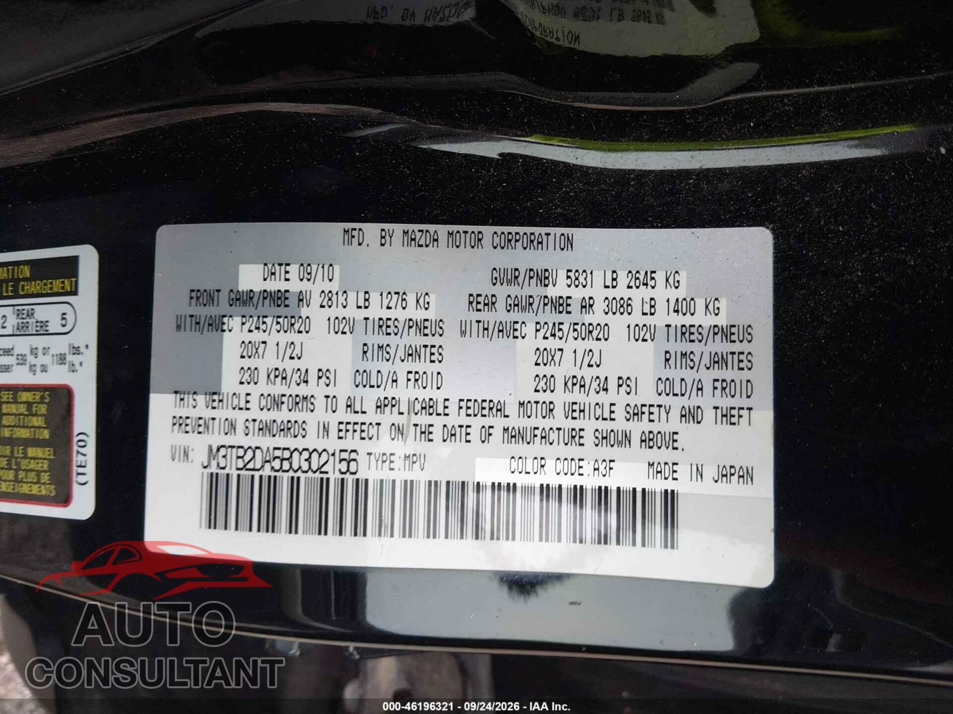 MAZDA CX-9 2011 - JM3TB2DA5B0302156