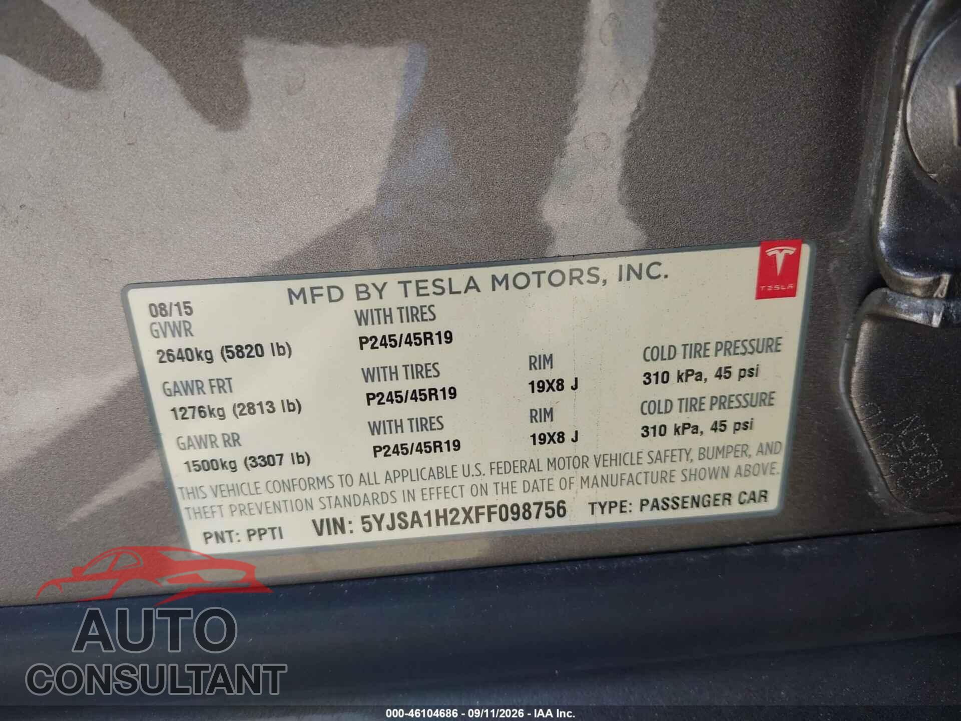 TESLA MODEL S 2015 - 5YJSA1H2XFF098756