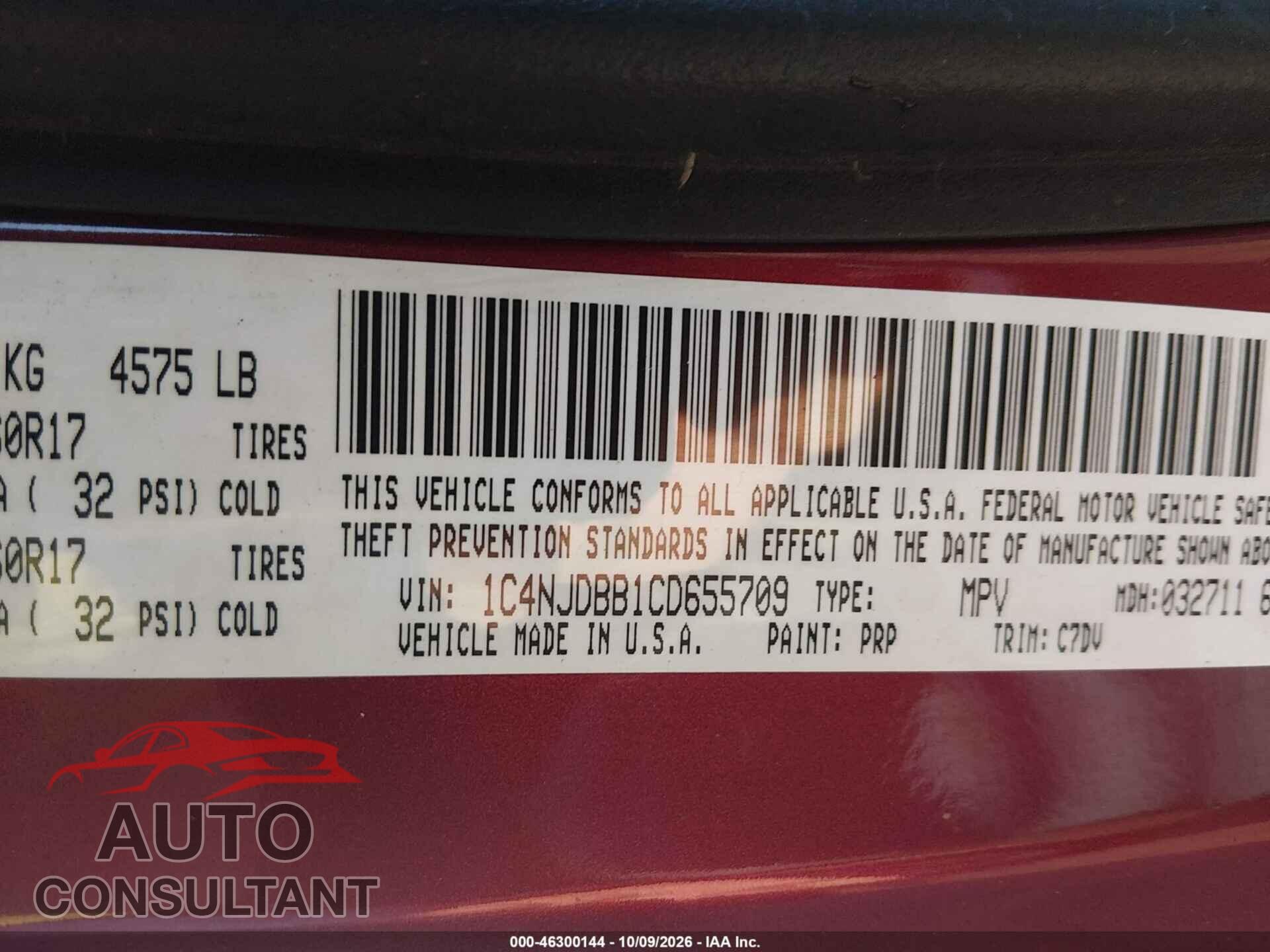 JEEP COMPASS 2012 - 1C4NJDBB1CD655709