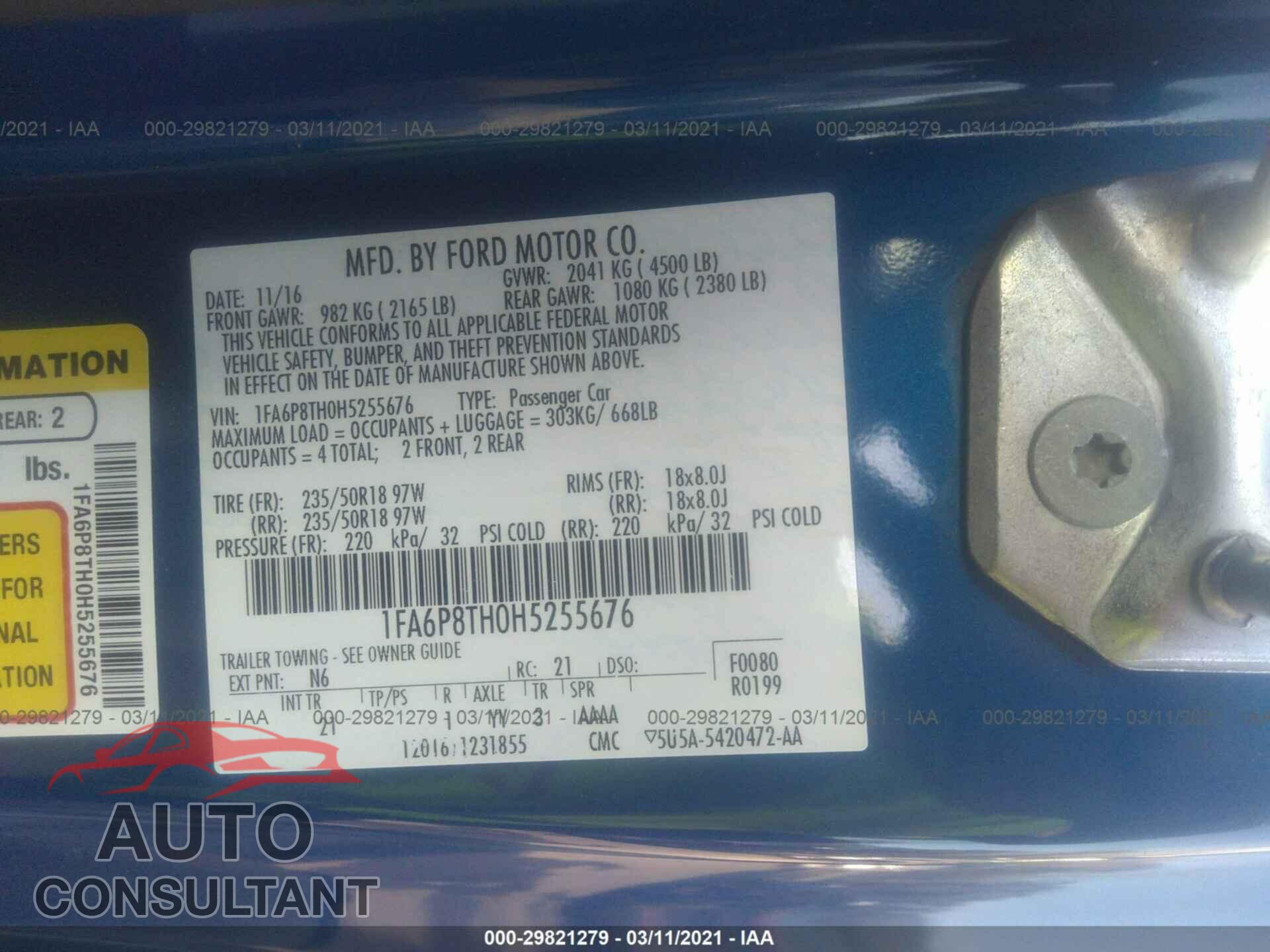 FORD MUSTANG 2017 - 1FA6P8TH0H5255676