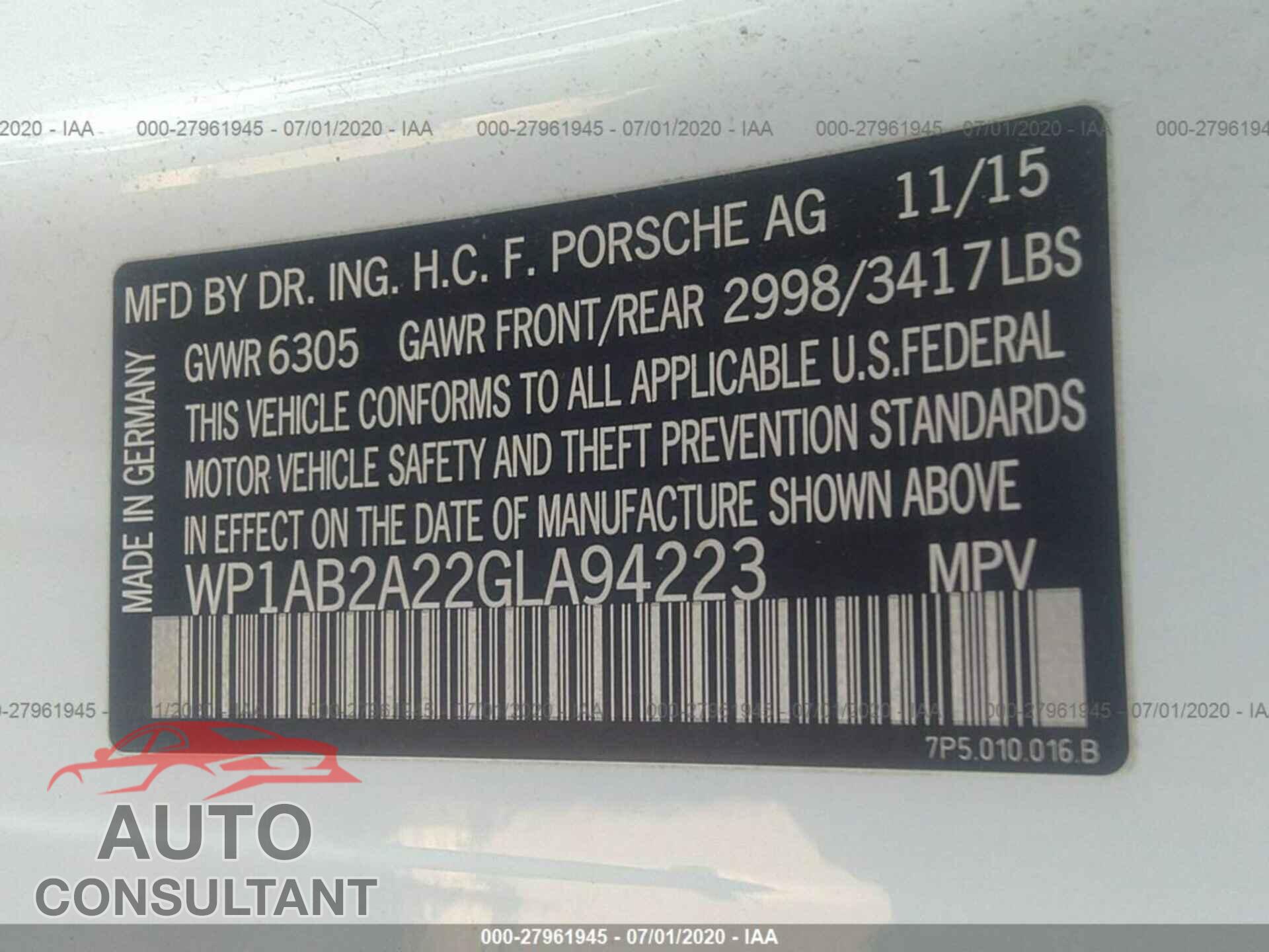 PORSCHE CAYENNE 2016 - WP1AB2A22GLA94223