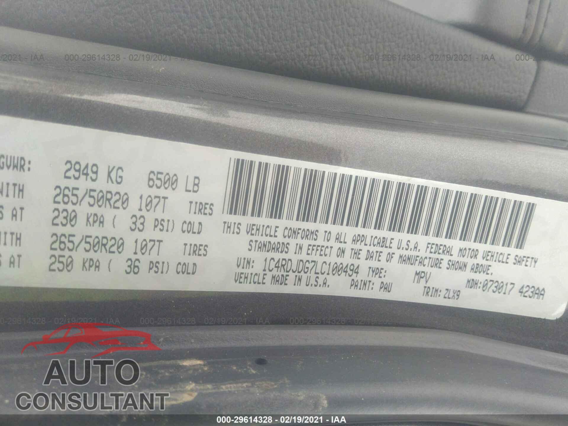 DODGE DURANGO 2020 - 1C4RDJDG7LC100494