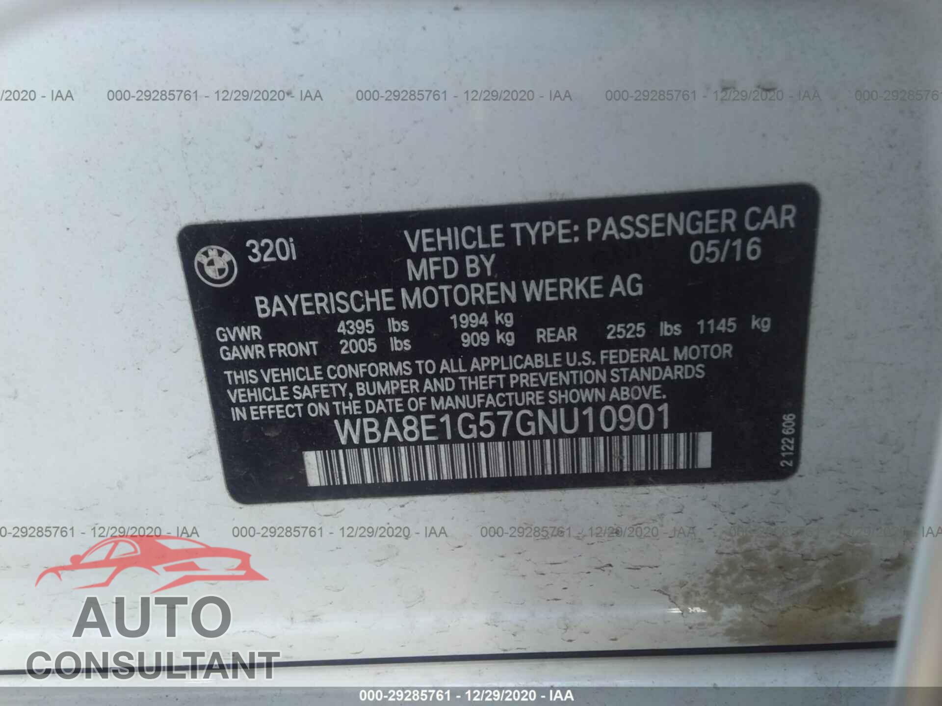 BMW 3 SERIES 2016 - WBA8E1G57GNU10901