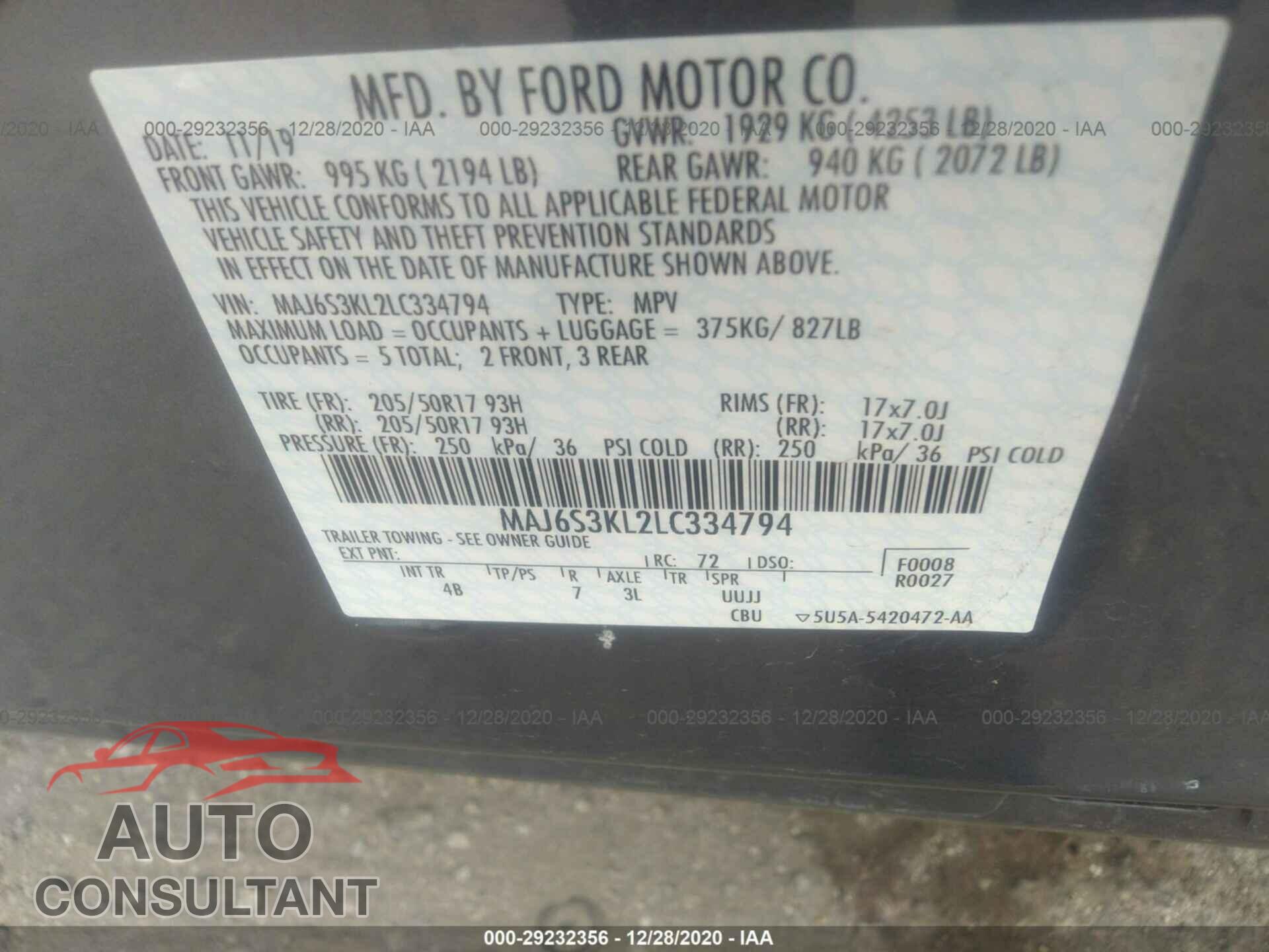 FORD ECOSPORT 2020 - MAJ6S3KL2LC334794