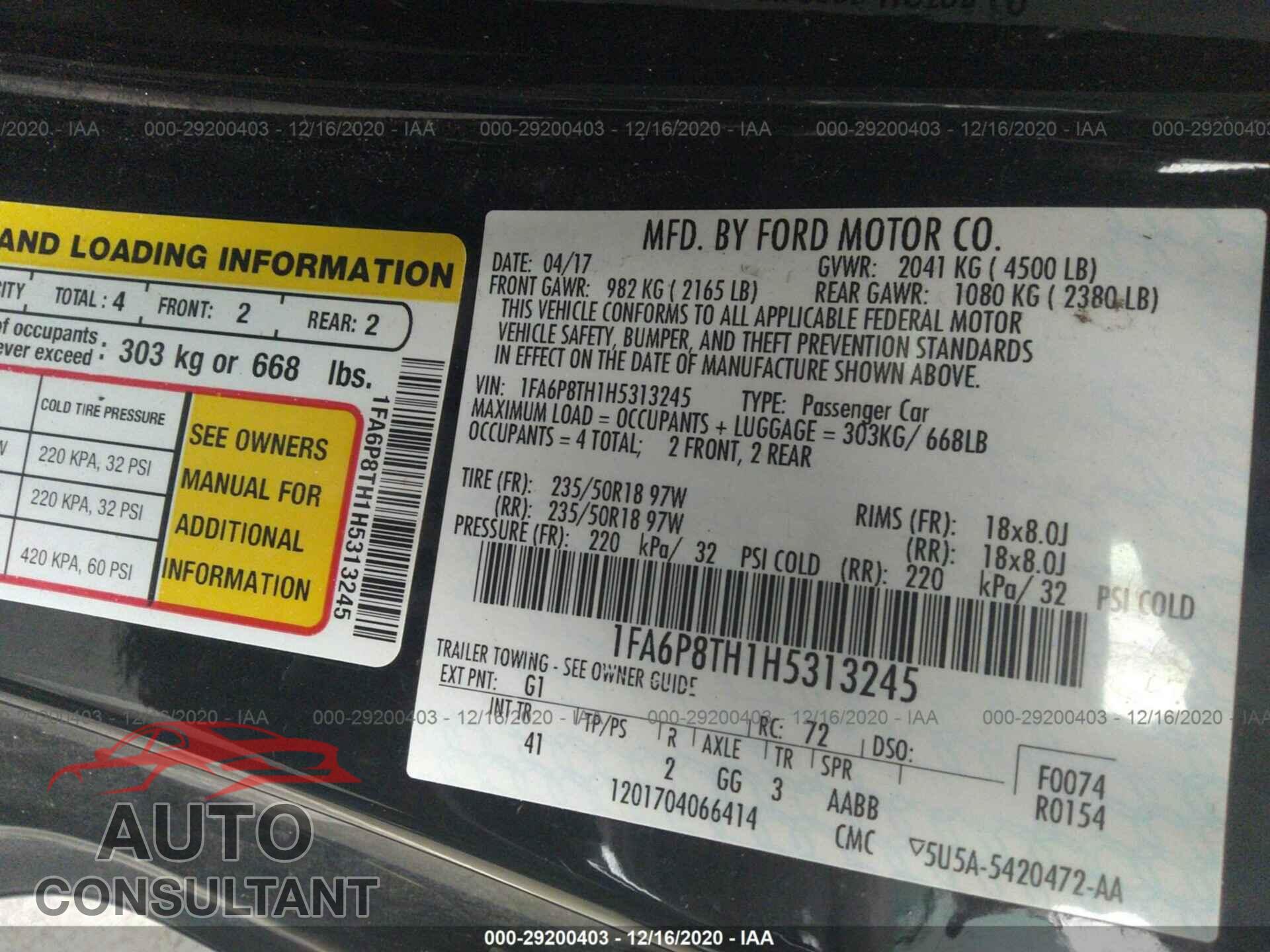 FORD MUSTANG 2017 - 1FA6P8TH1H5313245