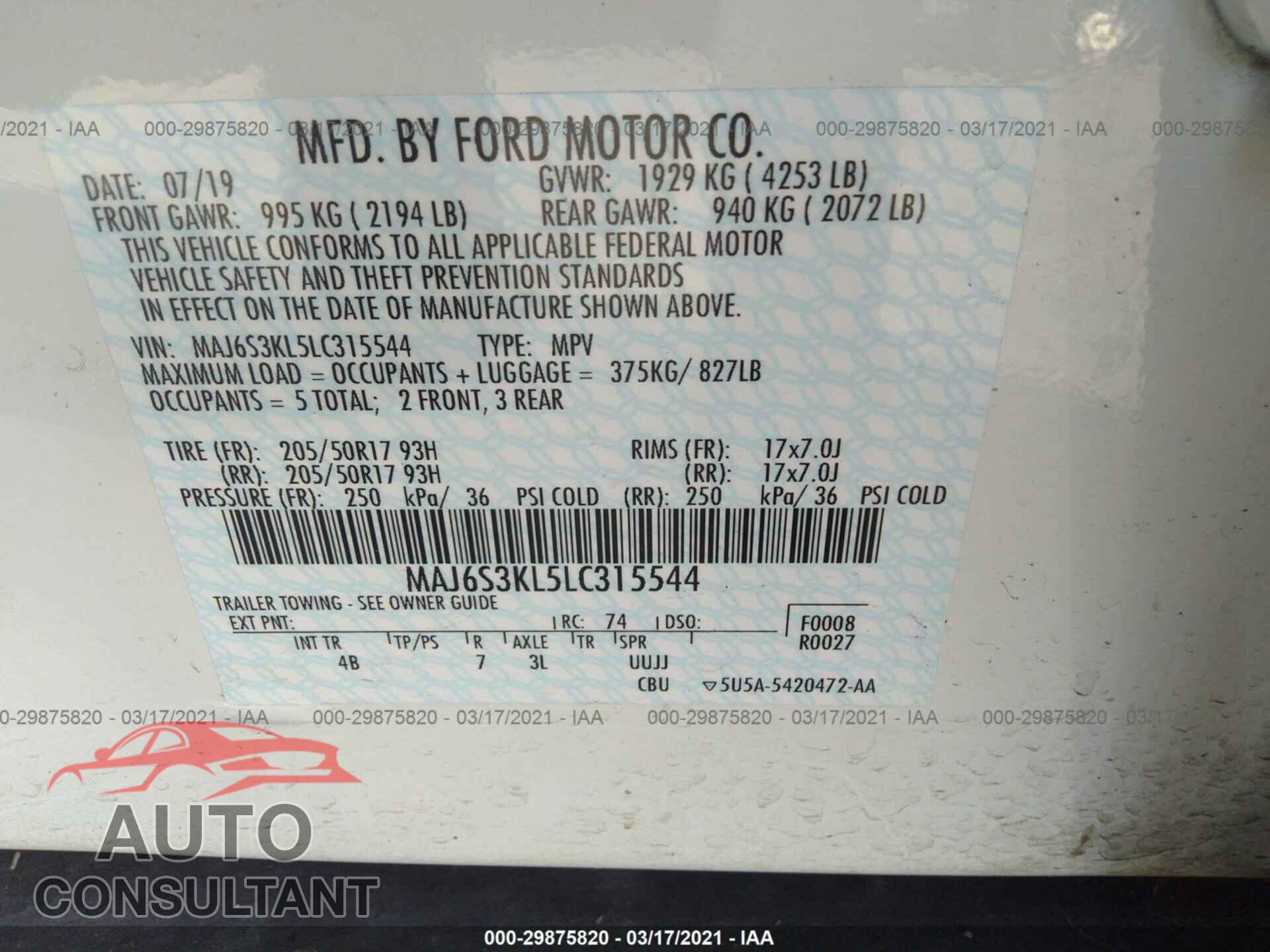 FORD ECOSPORT 2020 - MAJ6S3KL5LC315544
