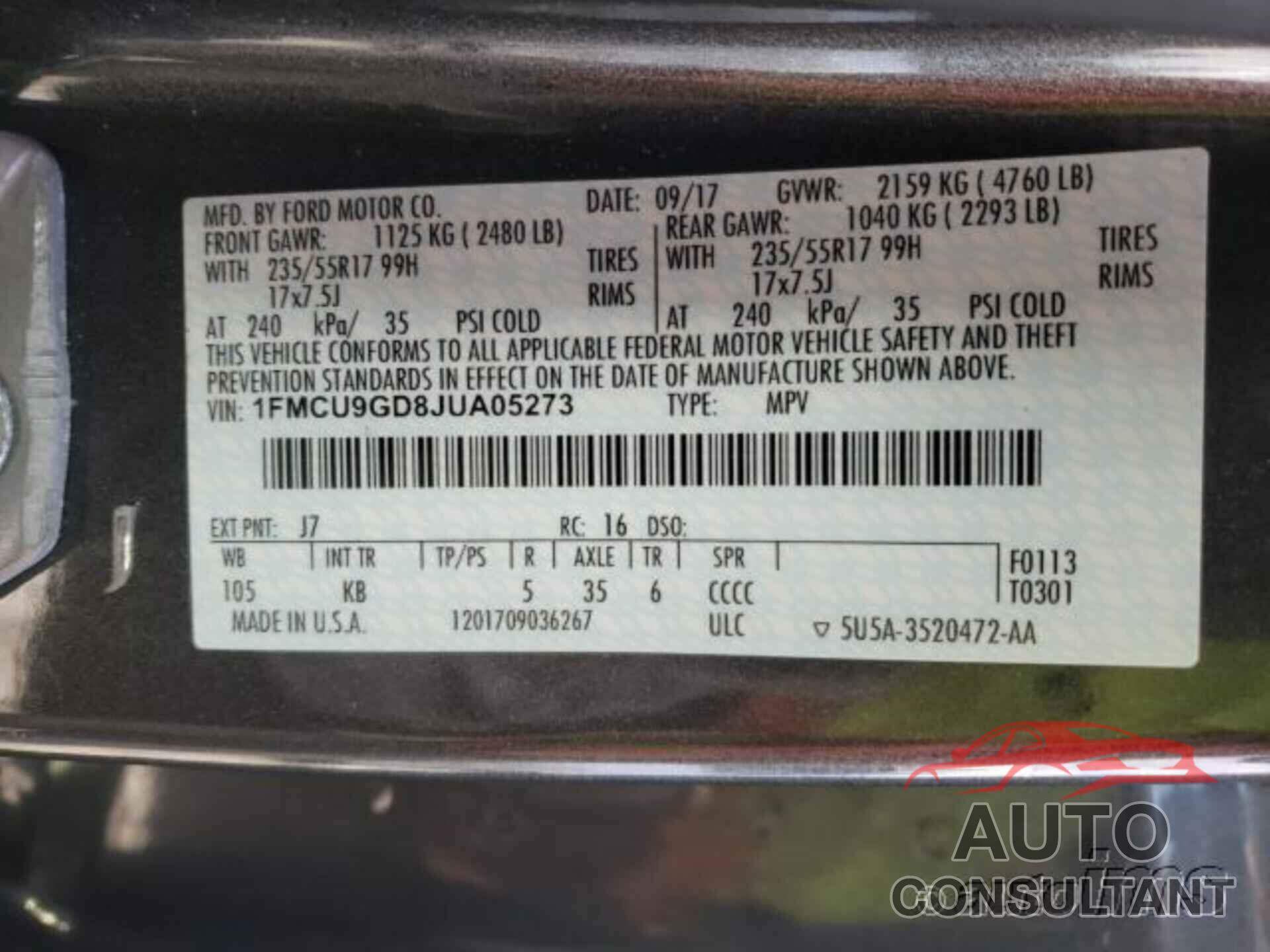FORD ESCAPE 2018 - 1FMCU9GD8JUA05273