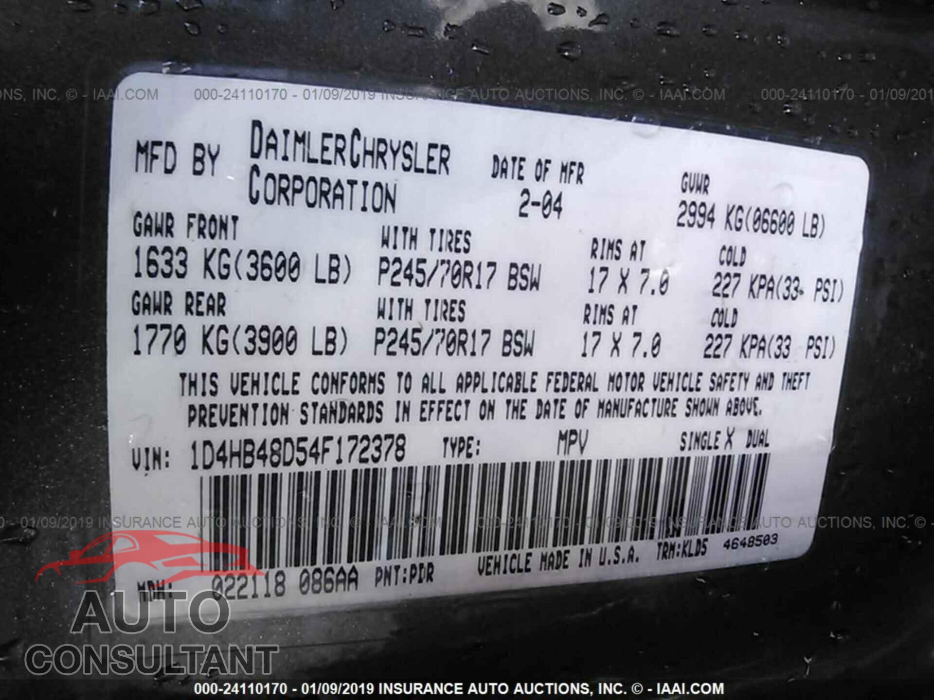 DODGE DURANGO 2004 - 1D4HB48D54F172378