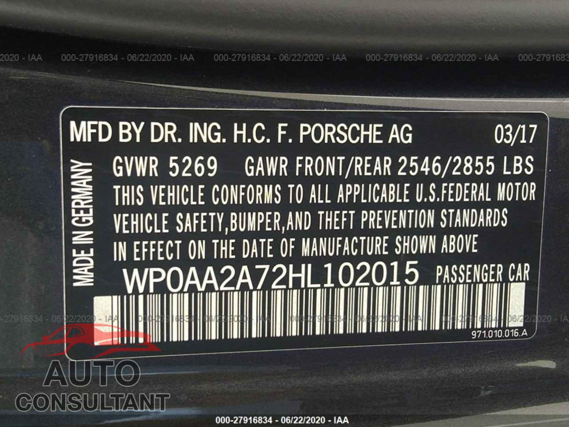 PORSCHE PANAMERA 2017 - WP0AA2A72HL102015