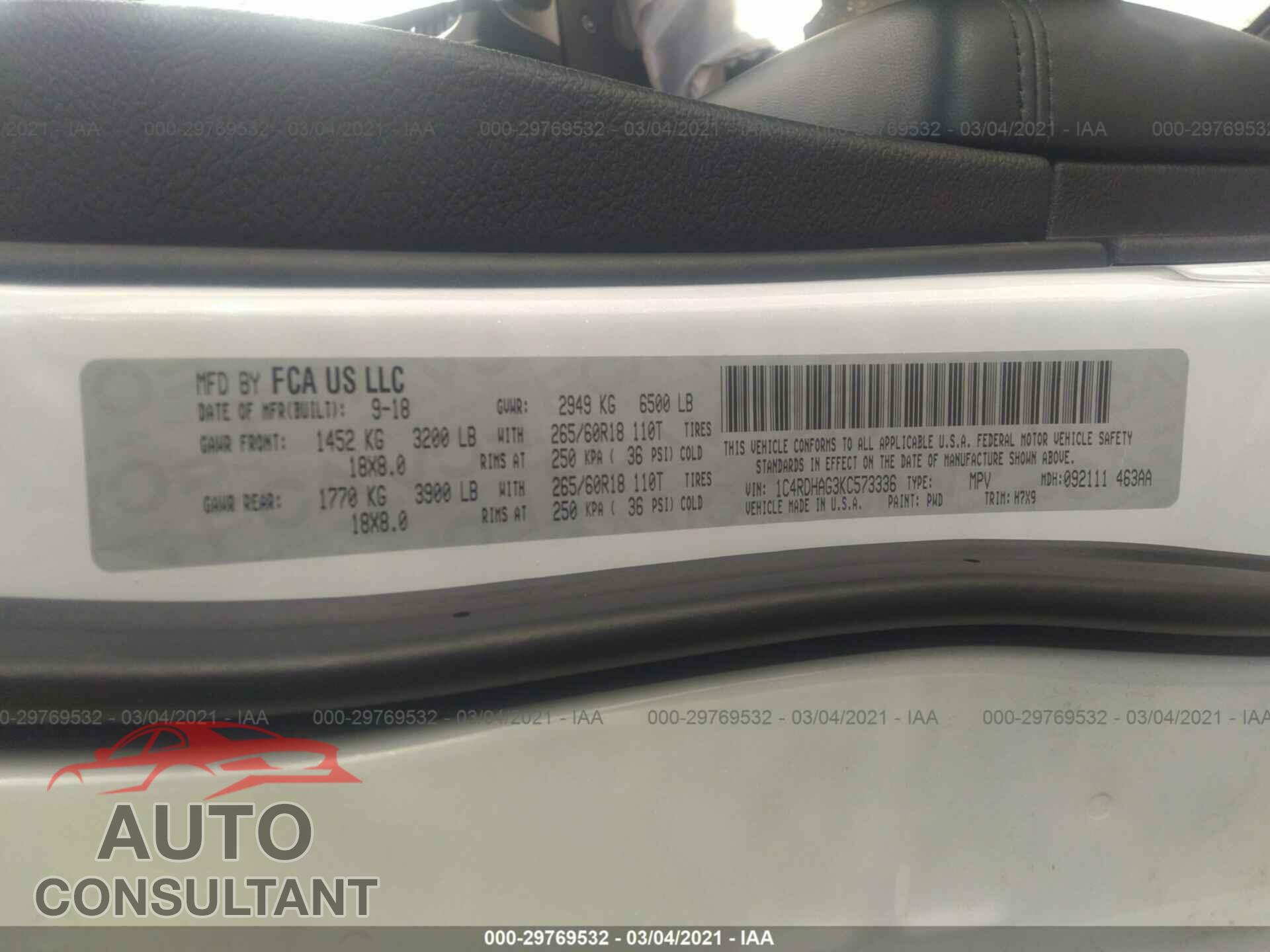 DODGE DURANGO 2019 - 1C4RDHAG3KC573336