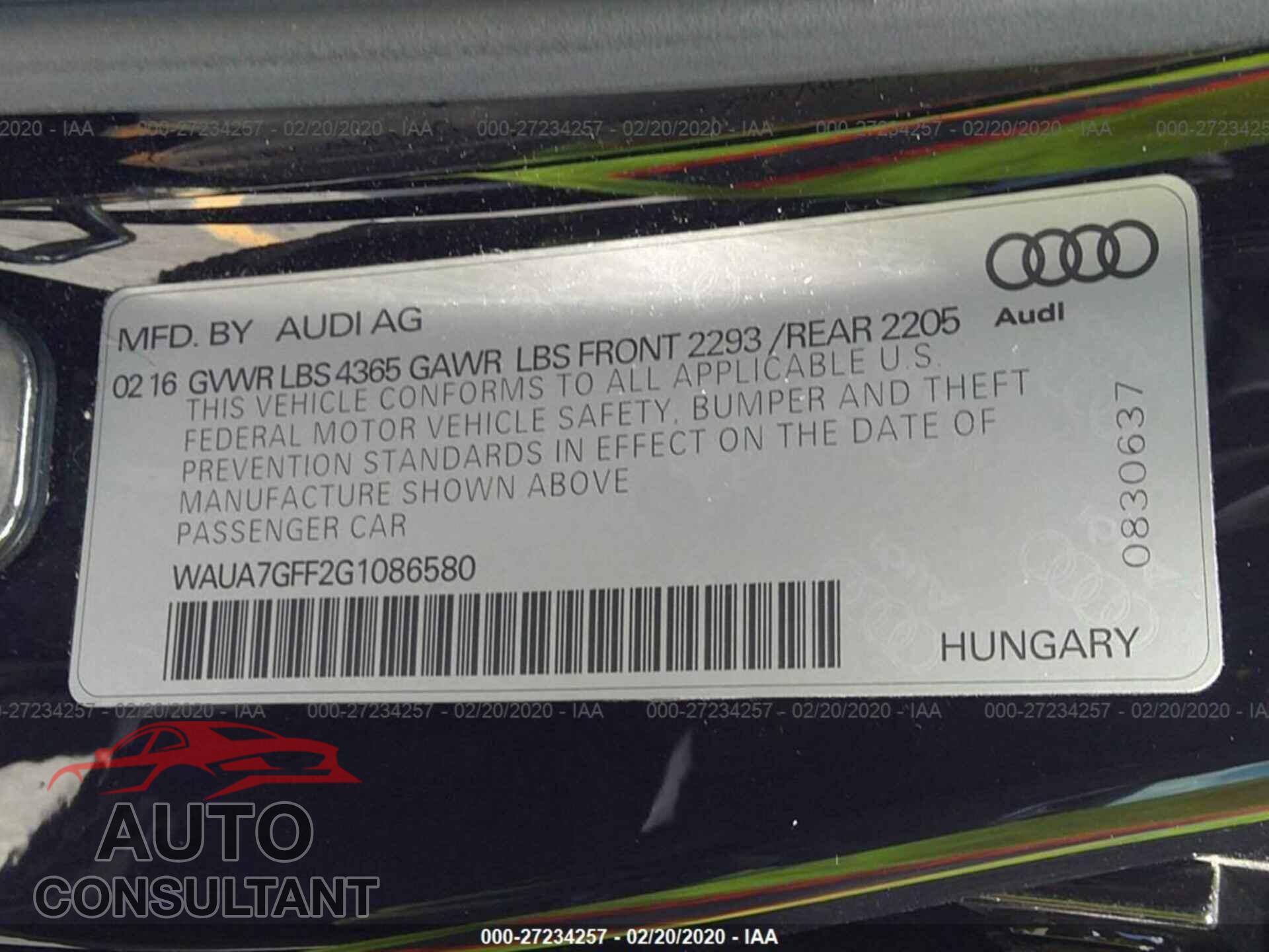 AUDI A3 2016 - WAUA7GFF2G1086580
