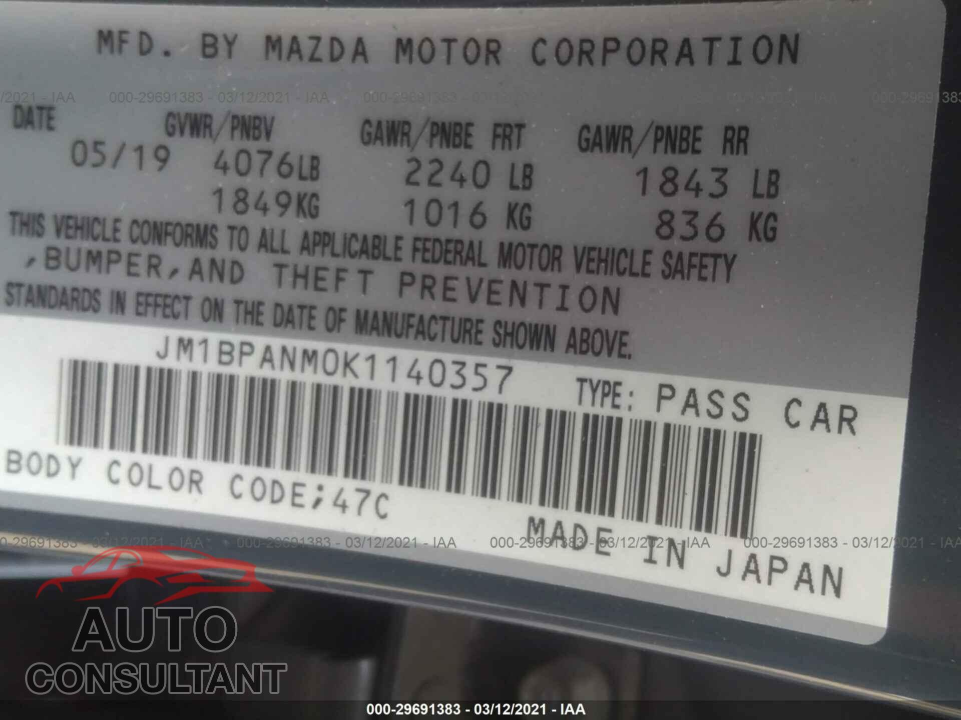 MAZDA MAZDA3 HATCHBACK 2019 - JM1BPANM0K1140357