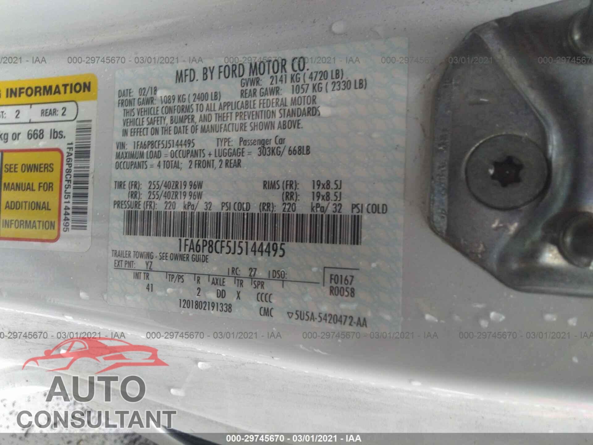 FORD MUSTANG 2018 - 1FA6P8CF5J5144495