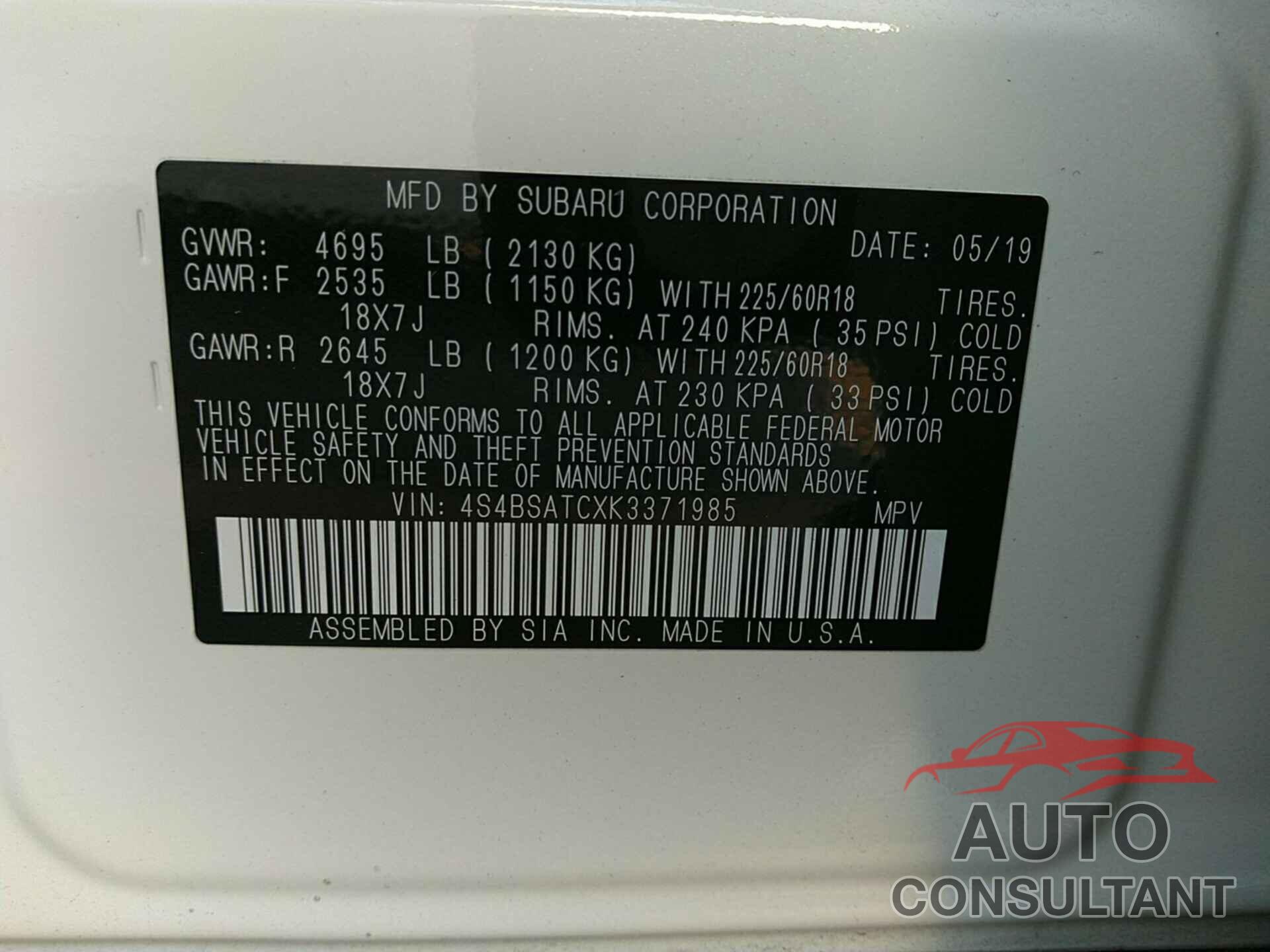 SUBARU OUTBACK 2019 - 4S4BSATCXK3371985
