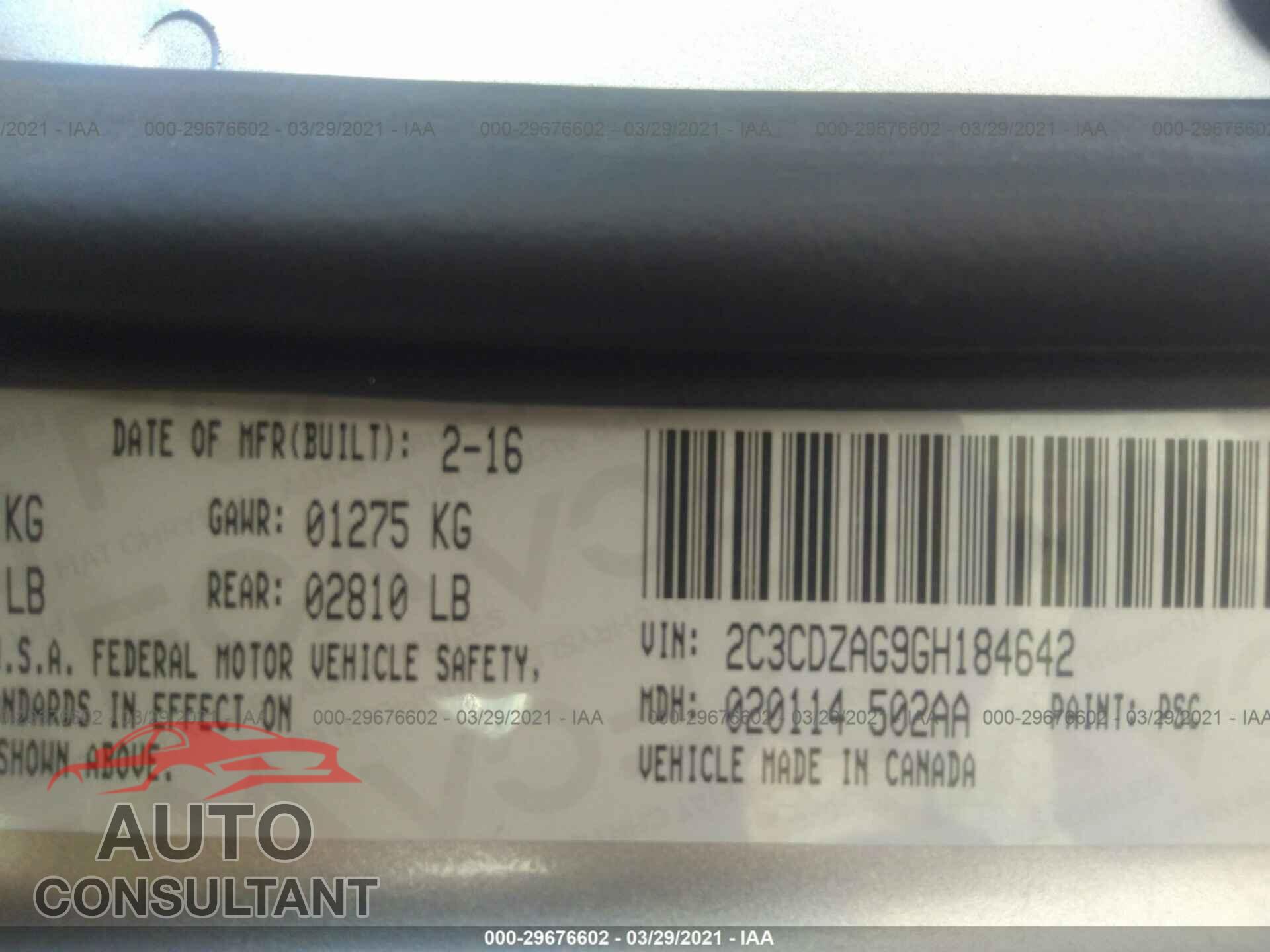 DODGE CHALLENGER 2016 - 2C3CDZAG9GH184642