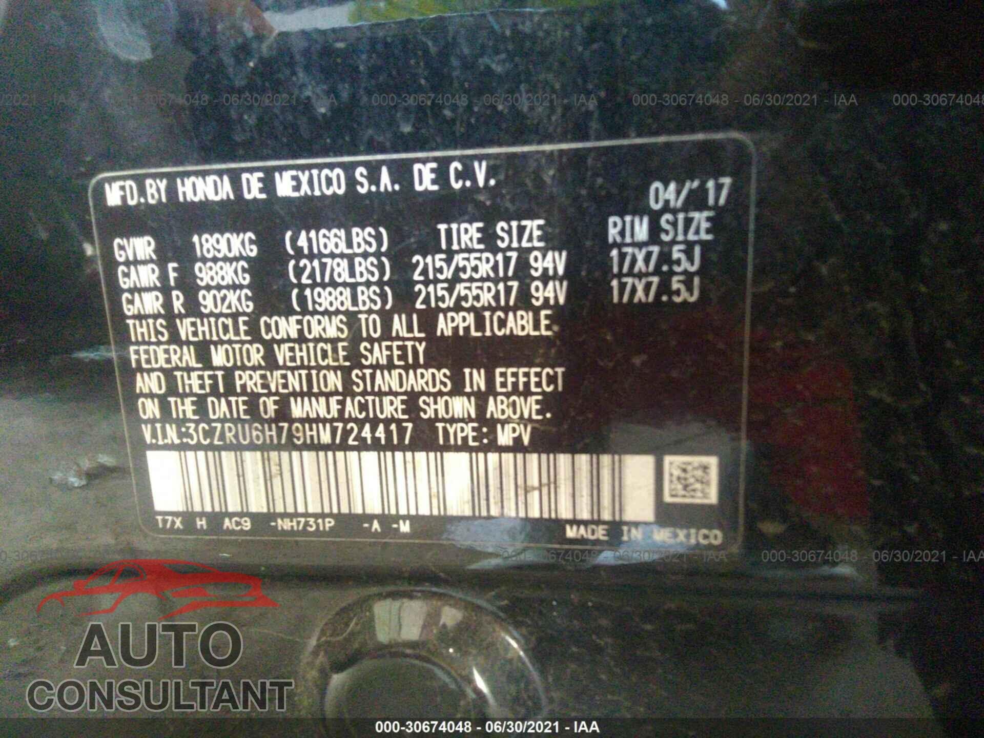 HONDA HR-V 2017 - 3CZRU6H79HM724417