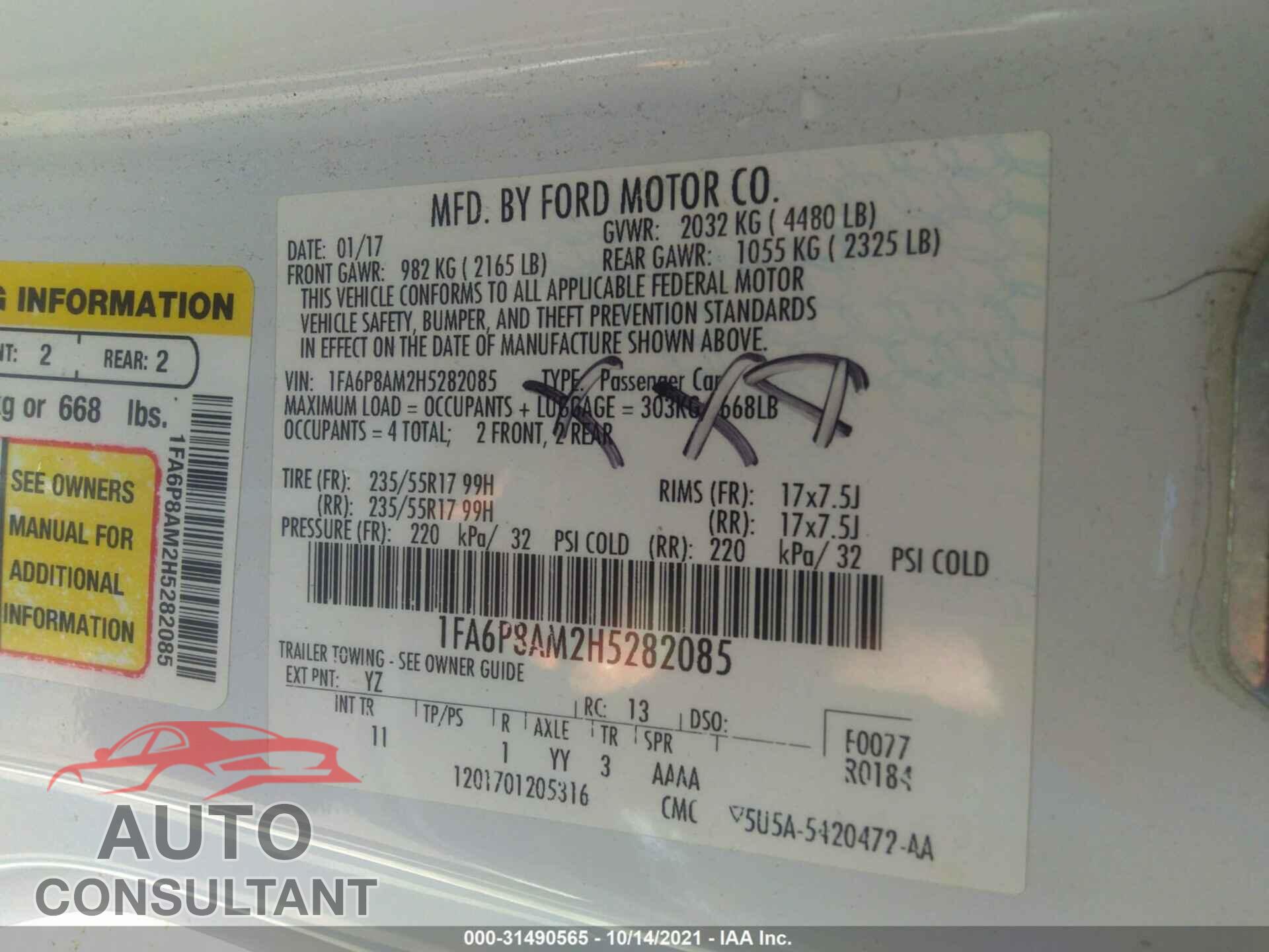 FORD MUSTANG 2017 - 1FA6P8AM2H5282085