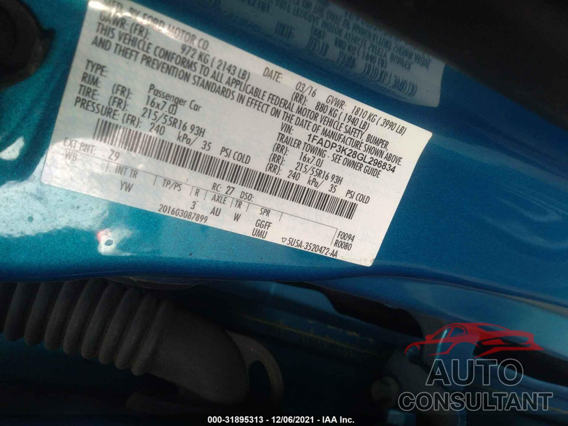 FORD FOCUS 2016 - 1FADP3K28GL296834