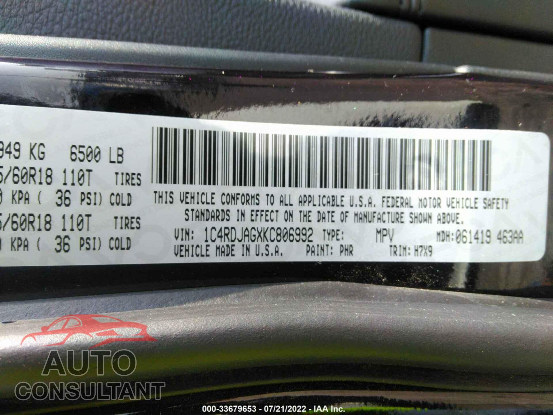 DODGE DURANGO 2019 - 1C4RDJAGXKC806992