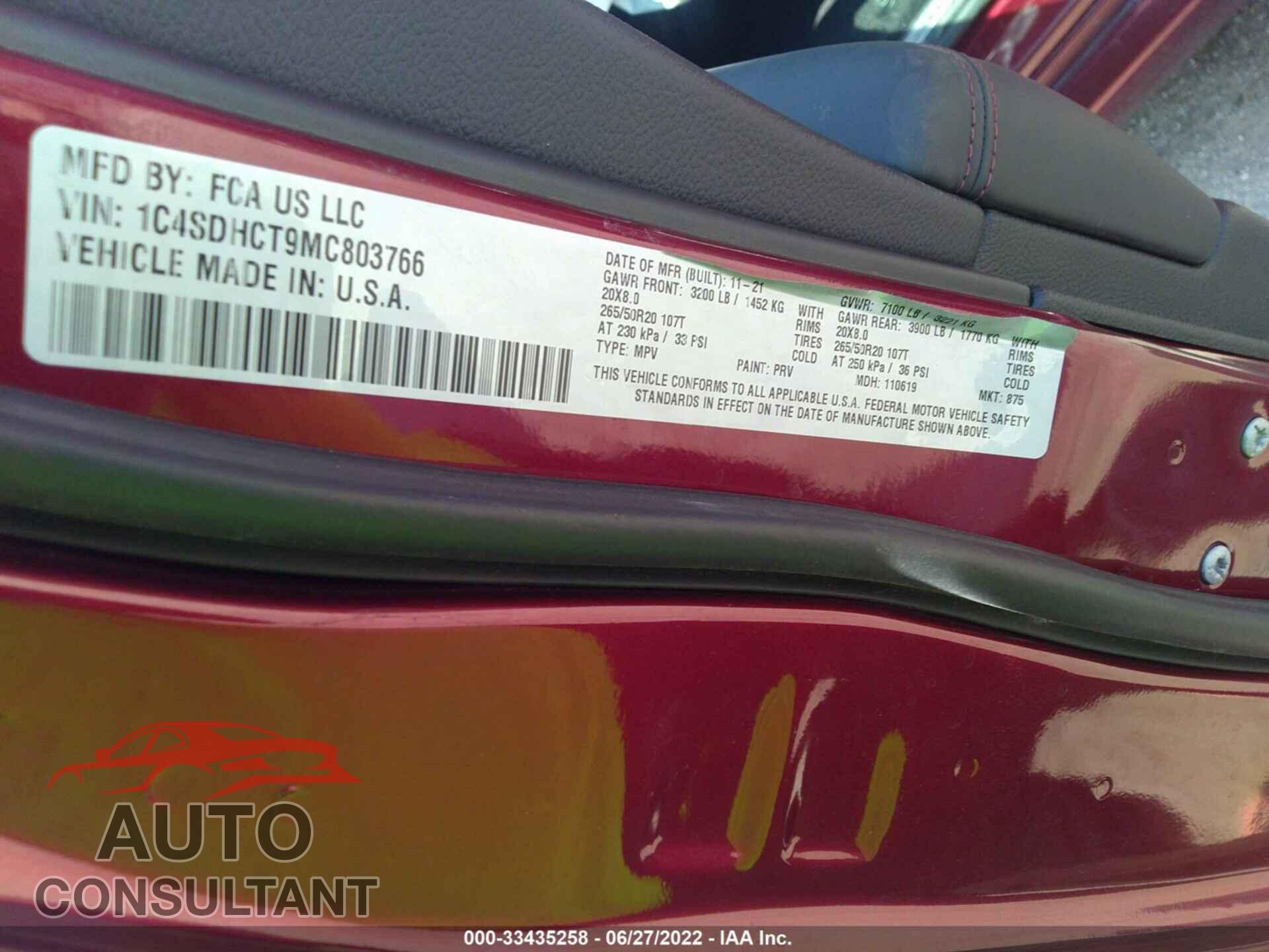 DODGE DURANGO 2021 - 1C4SDHCT9MC803766