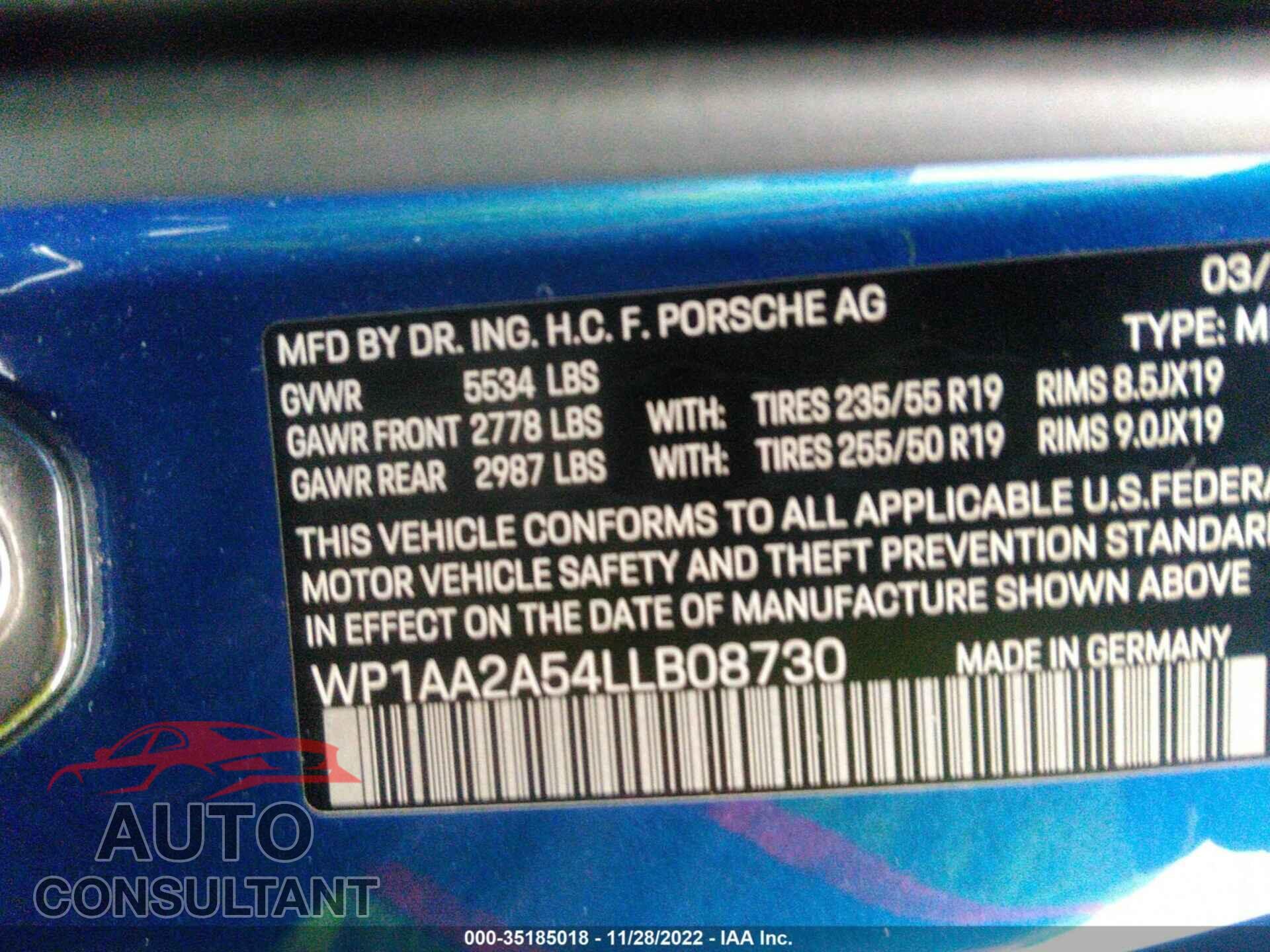 PORSCHE MACAN 2020 - WP1AA2A54LLB08730