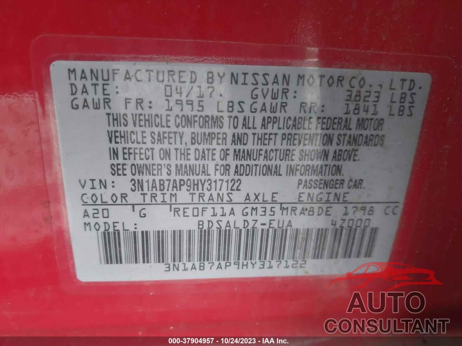 NISSAN SENTRA 2017 - 3N1AB7AP9HY317122