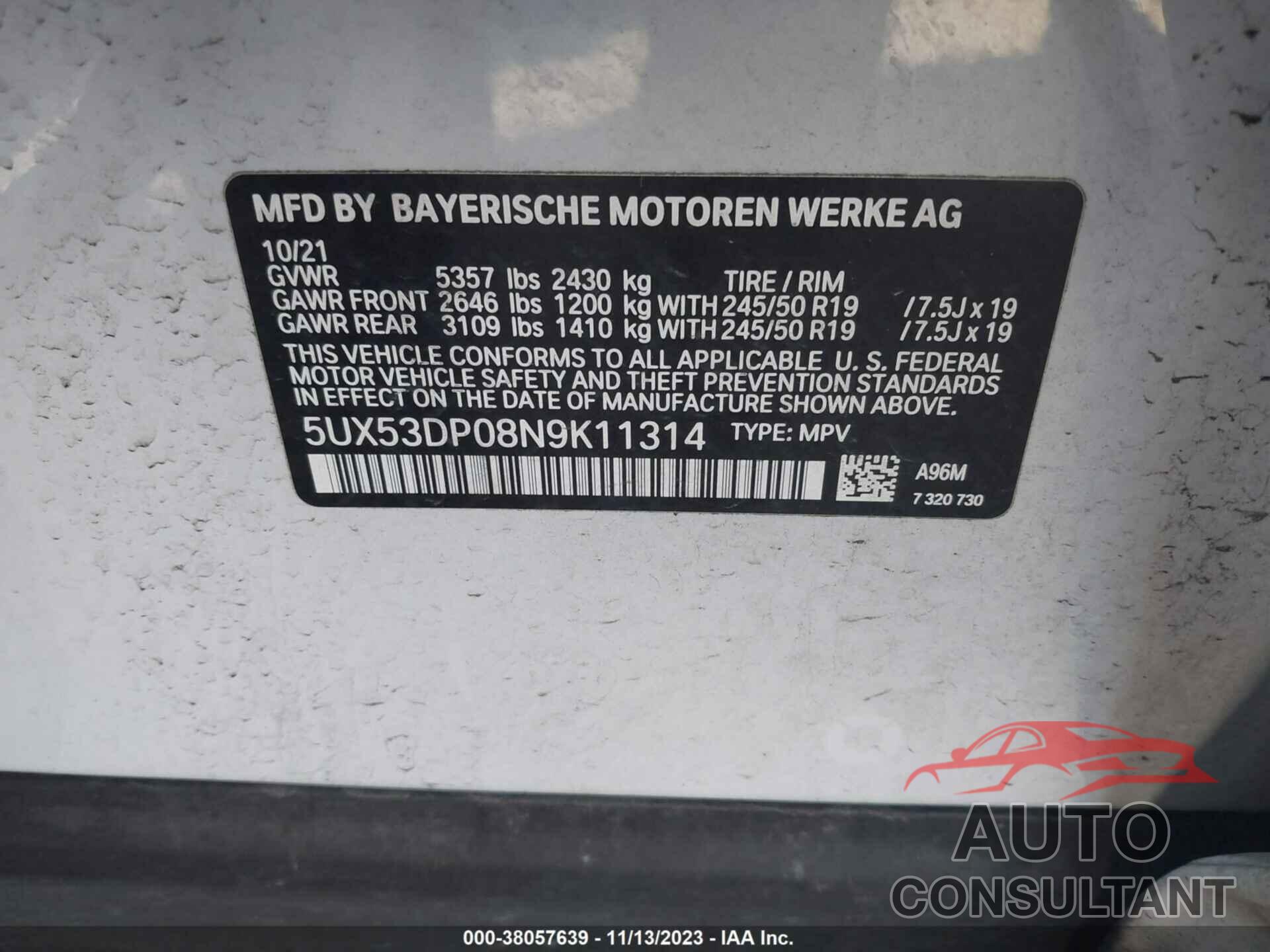 BMW X3 2022 - 5UX53DP08N9K11314