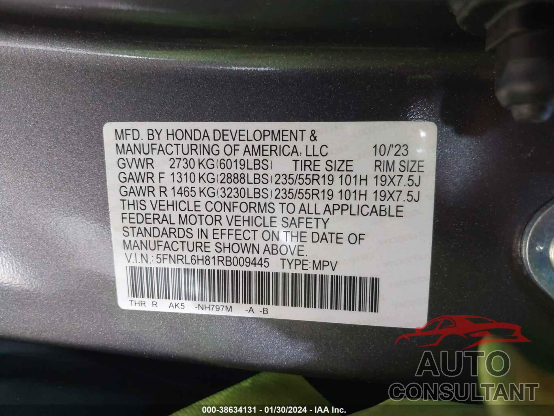 HONDA ODYSSEY 2024 - 5FNRL6H81RB009445