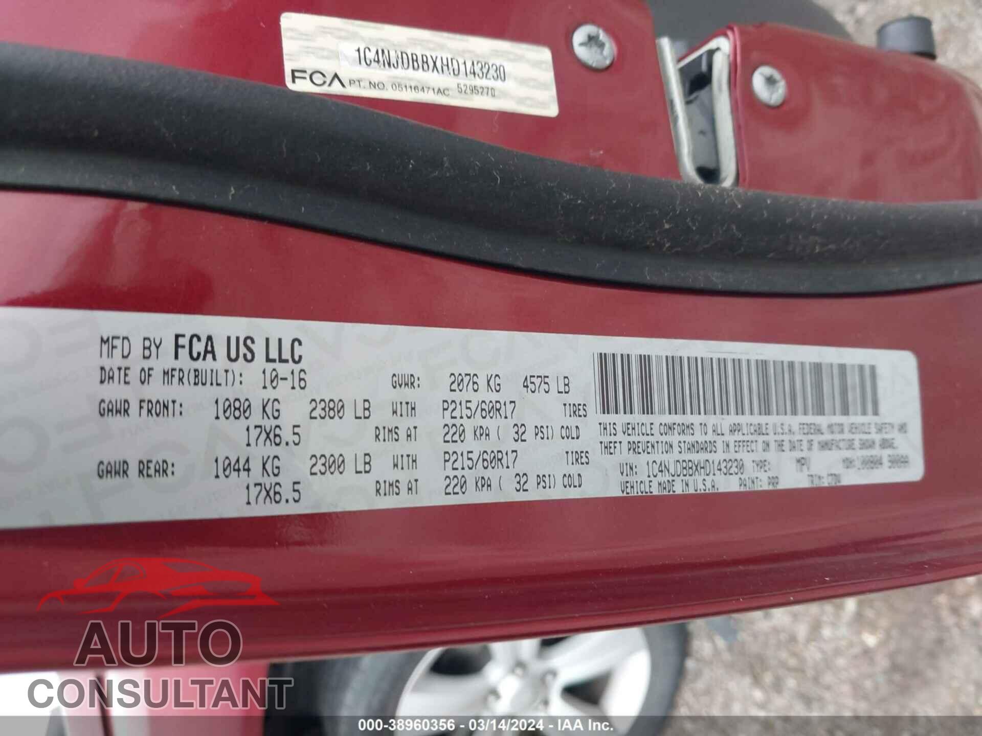 JEEP COMPASS 2017 - 1C4NJDBBXHD143230