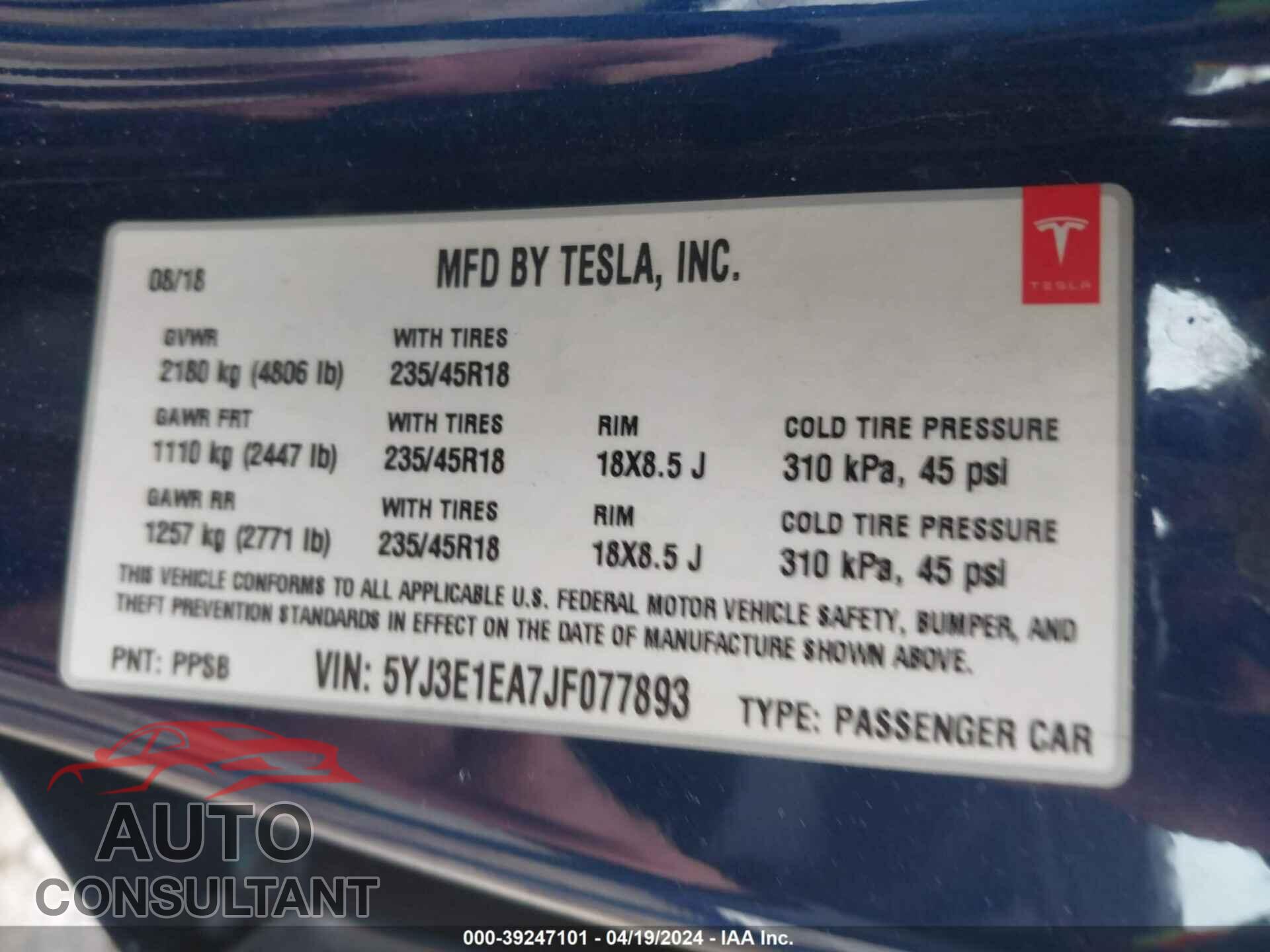 TESLA MODEL 3 2018 - 5YJ3E1EA7JF077893