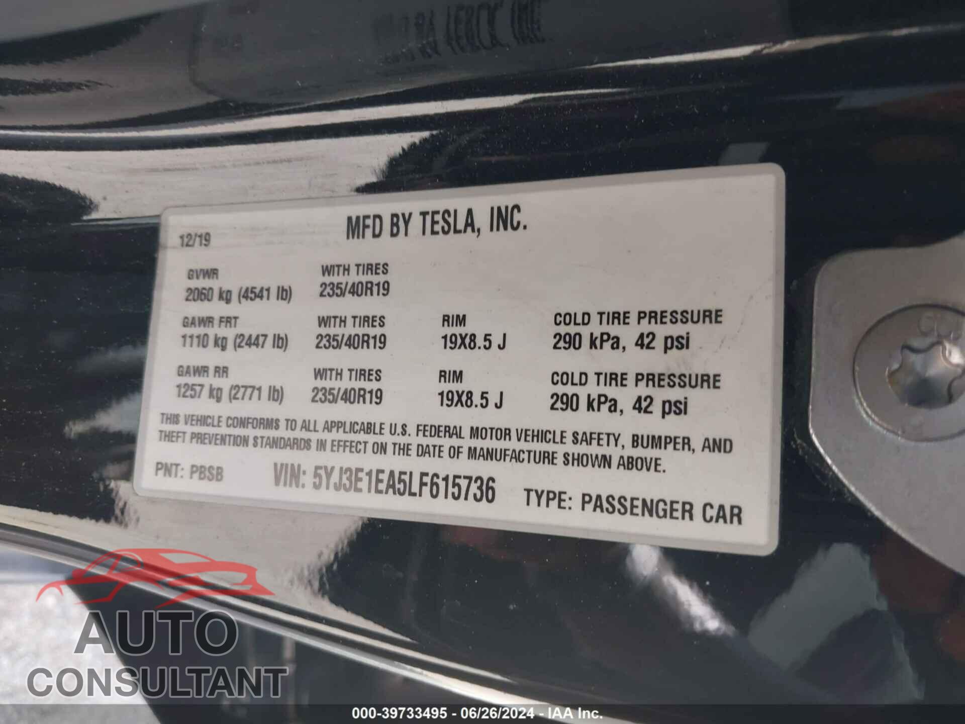 TESLA MODEL 3 2020 - 5YJ3E1EA5LF615736