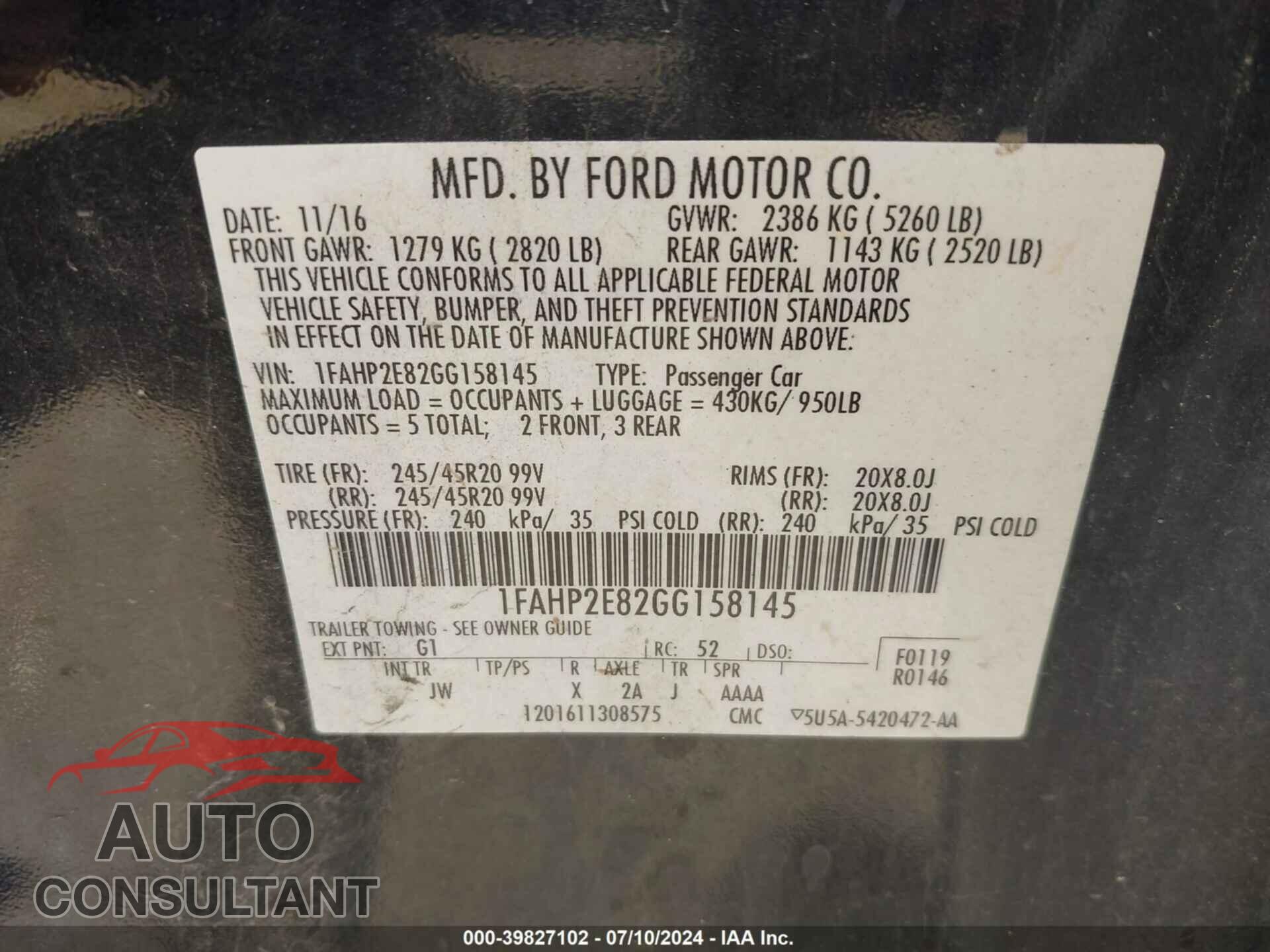 FORD TAURUS 2016 - 1FAHP2E82GG158145
