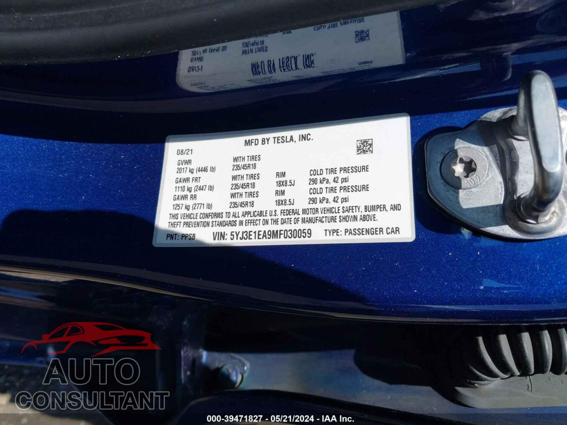 TESLA MODEL 3 2021 - 5YJ3E1EA9MF030059