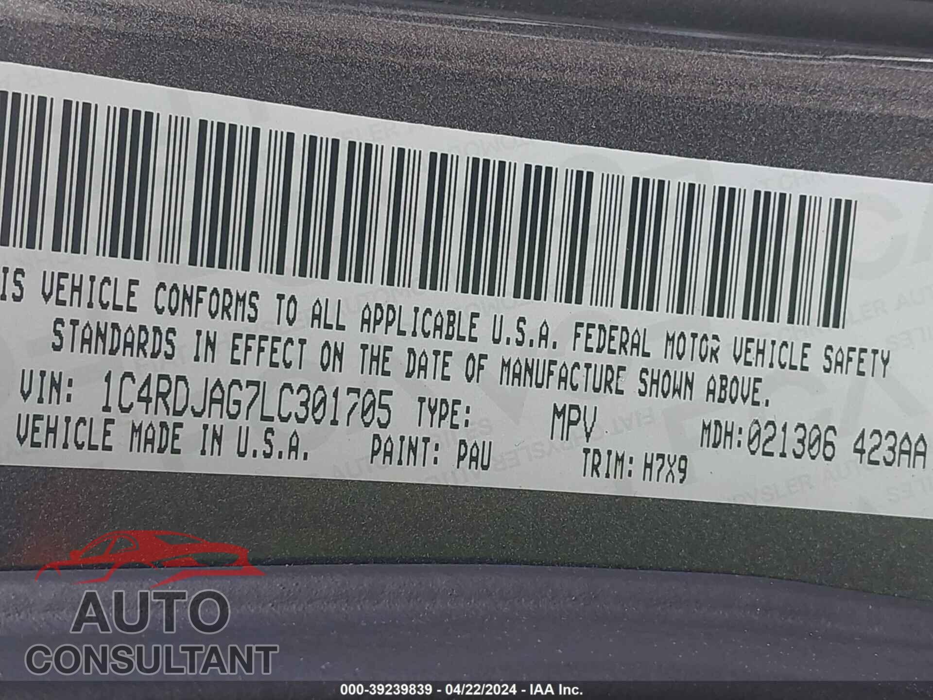DODGE DURANGO 2020 - 1C4RDJAG7LC301705