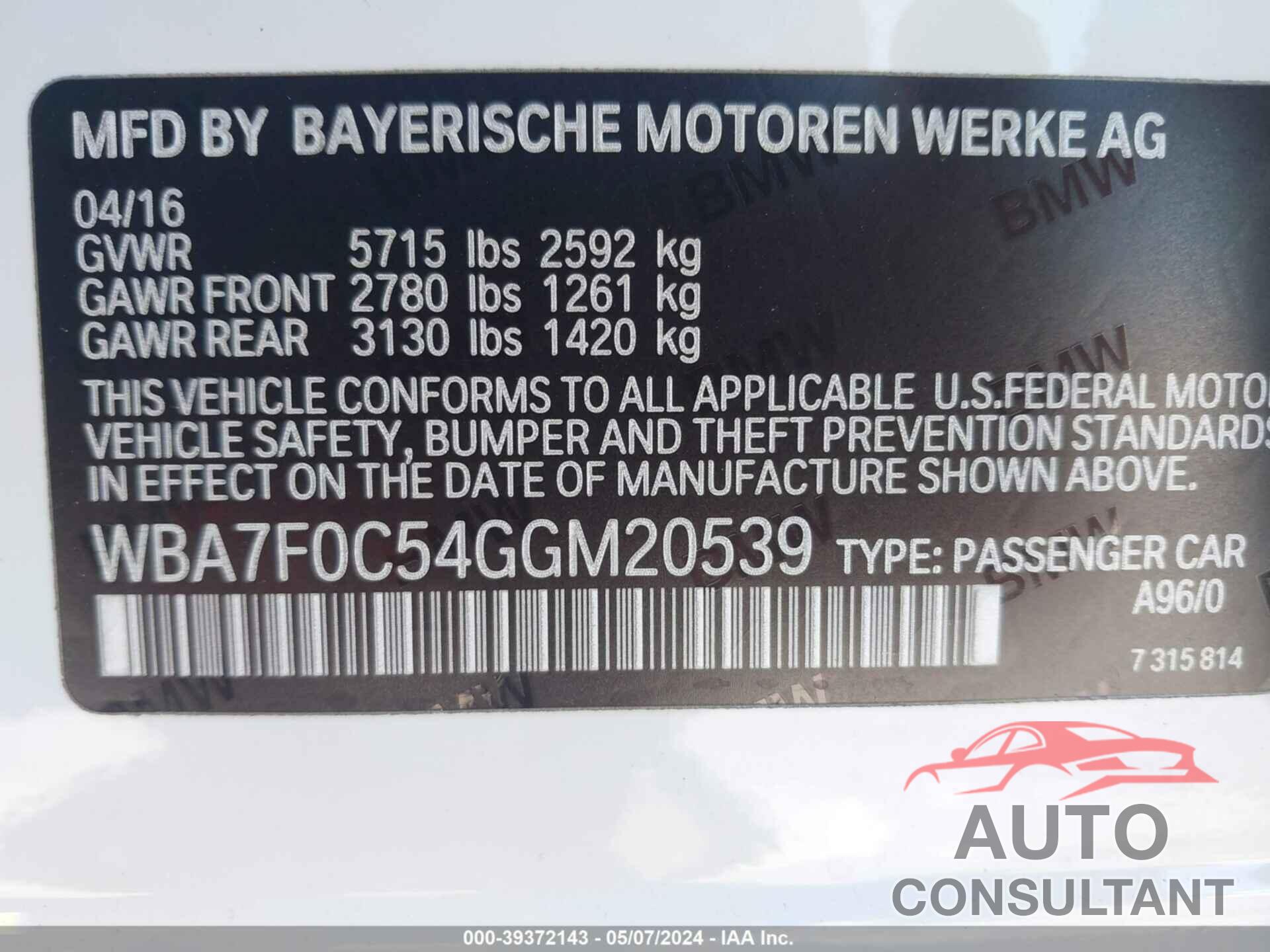 BMW 750I 2016 - WBA7F0C54GGM20539