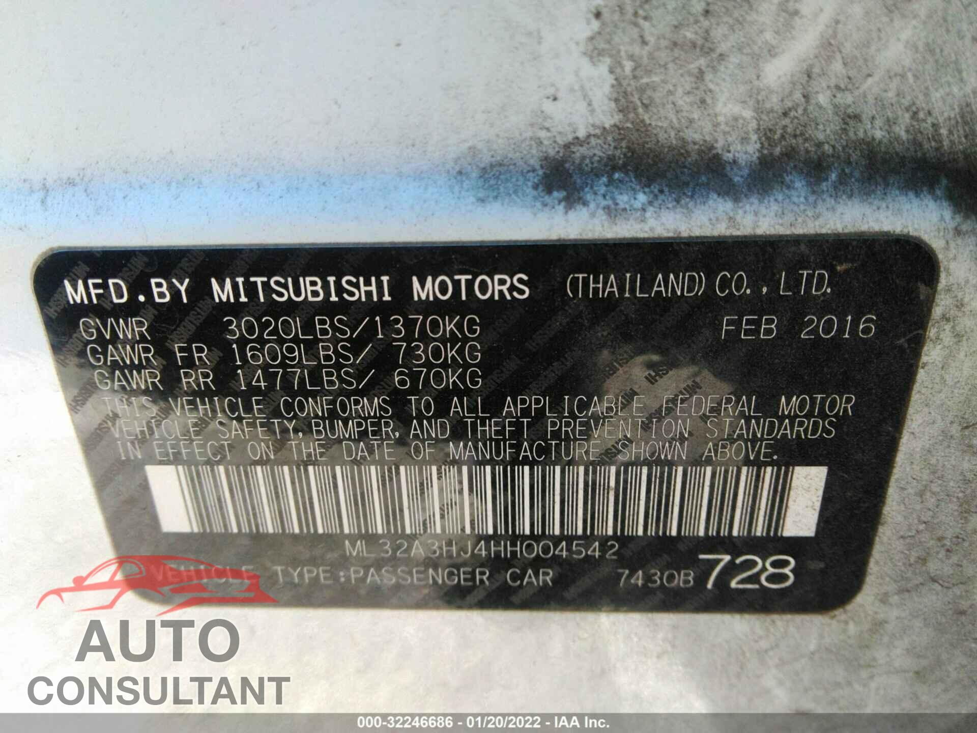 MITSUBISHI MIRAGE 2017 - ML32A3HJ4HH004542