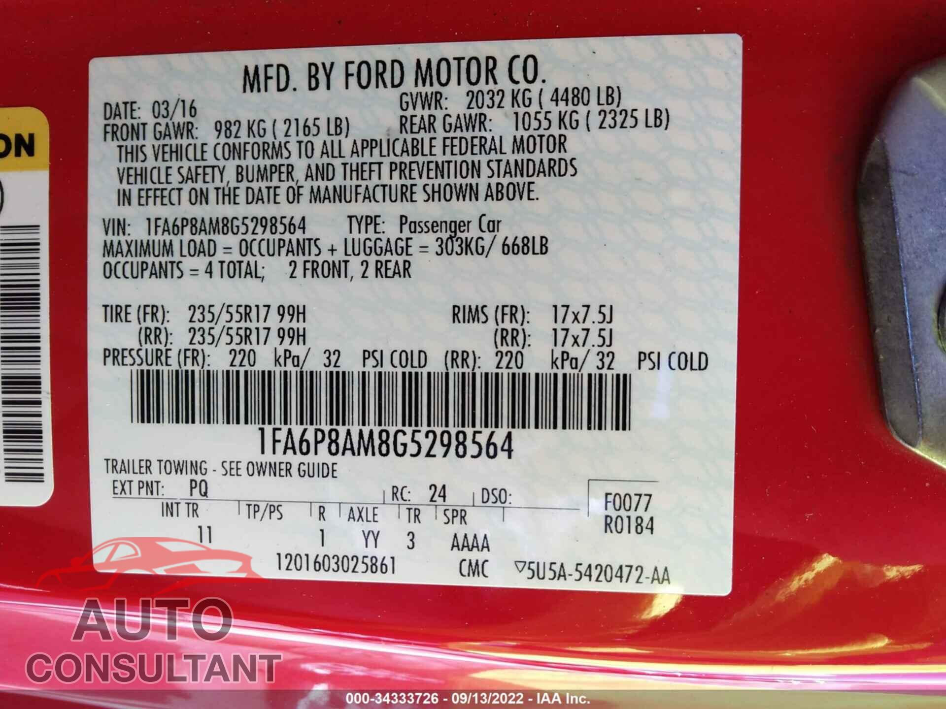 FORD MUSTANG 2016 - 1FA6P8AM8G5298564