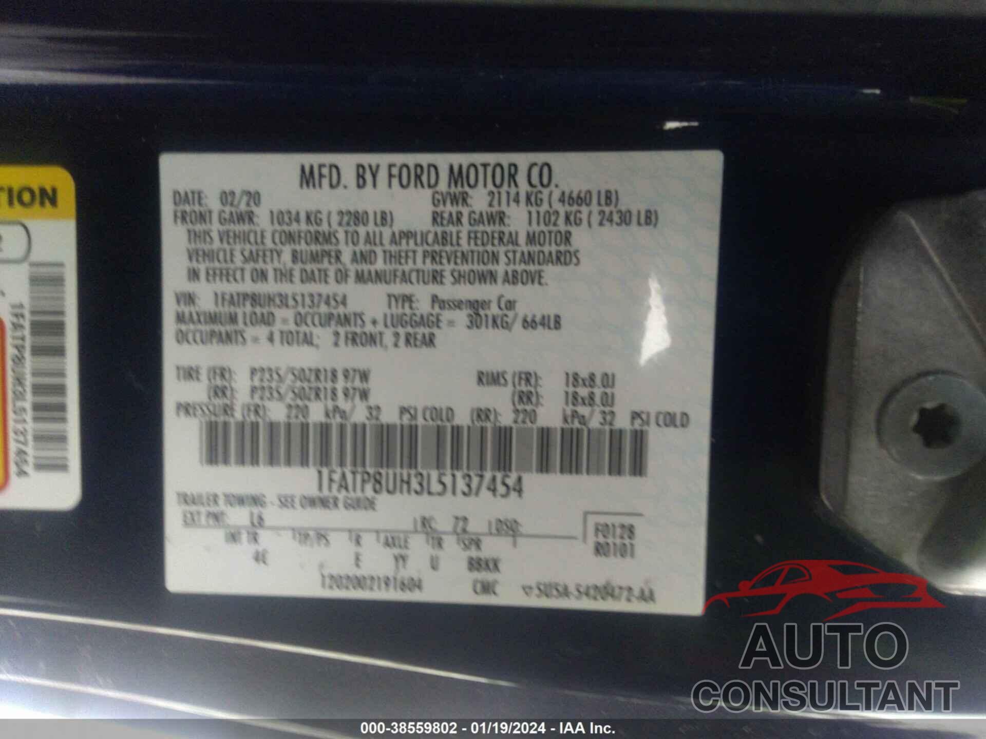 FORD MUSTANG 2020 - 1FATP8UH3L5137454