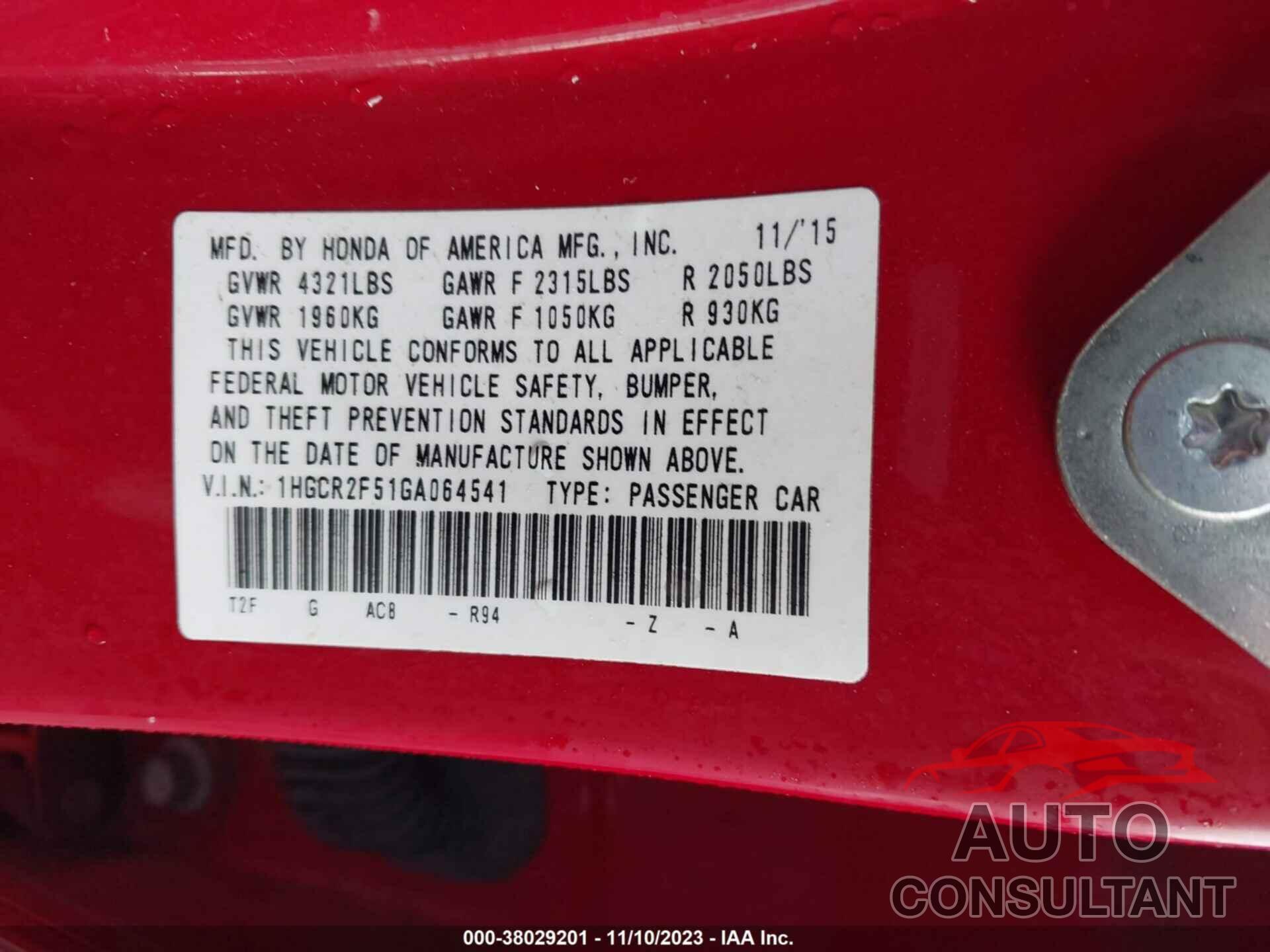 HONDA ACCORD 2016 - 1HGCR2F51GA064541