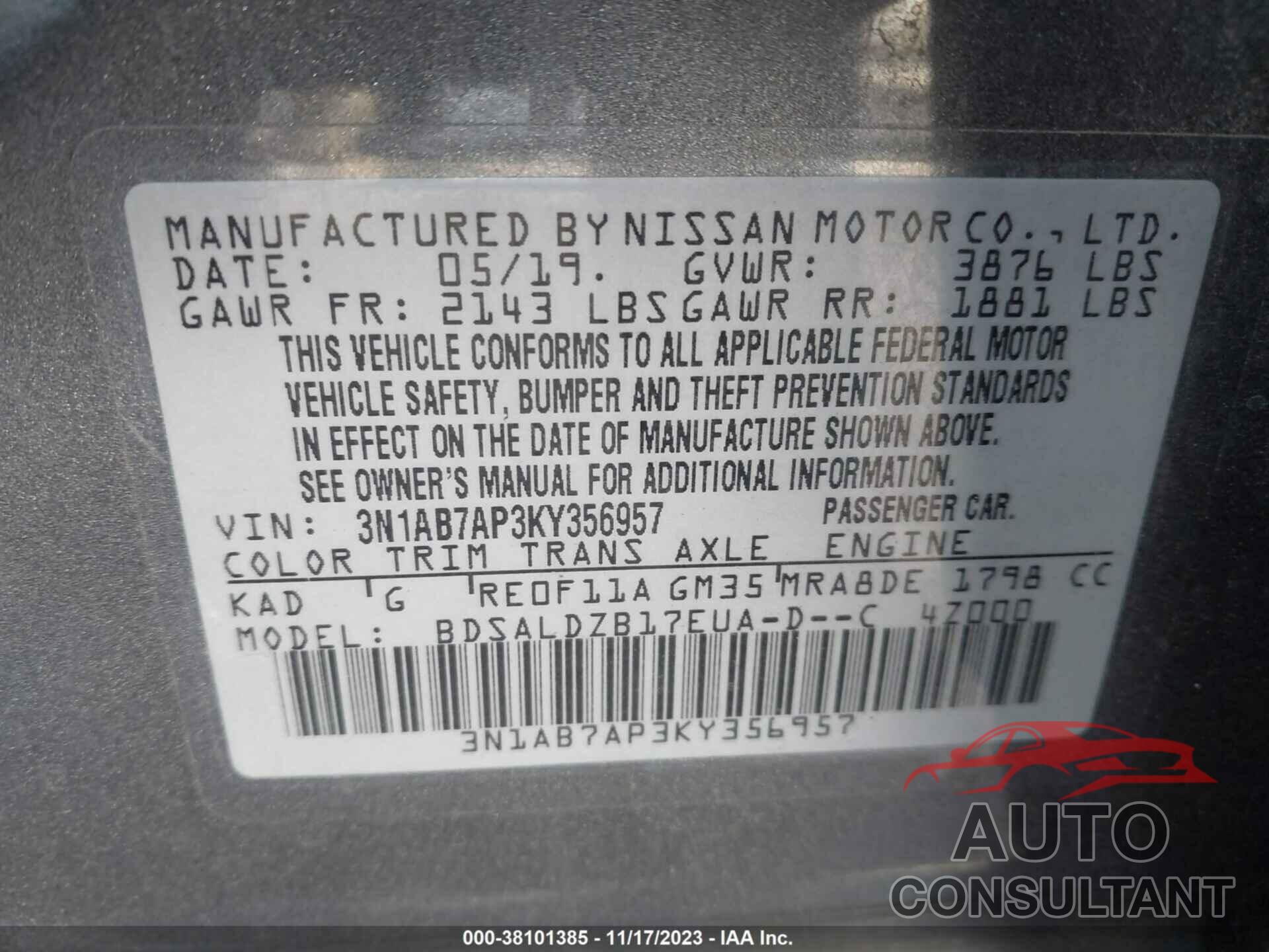 NISSAN SENTRA 2019 - 3N1AB7AP3KY356957