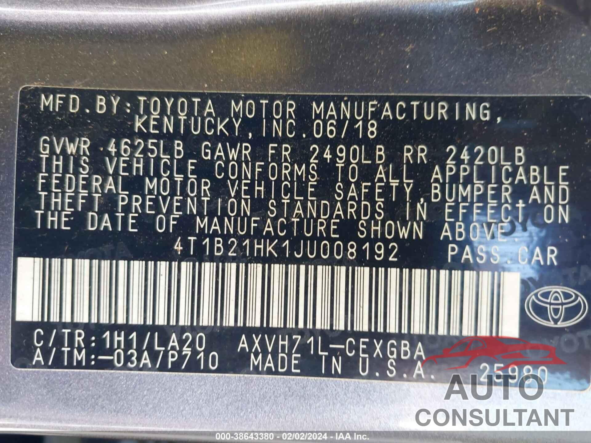 TOYOTA CAMRY HYBRID 2018 - 4T1B21HK1JU008192