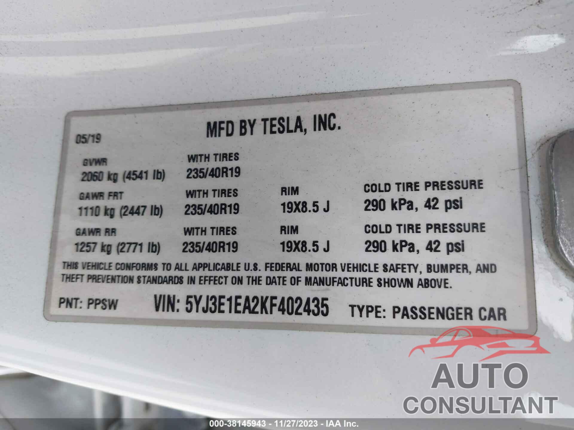 TESLA MODEL 3 2019 - 5YJ3E1EA2KF402435