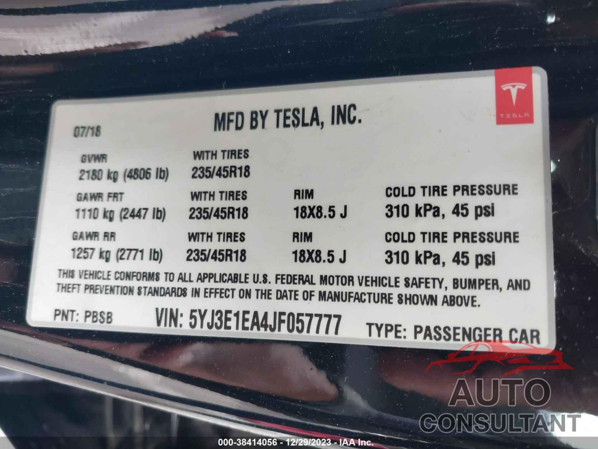 TESLA MODEL 3 2018 - 5YJ3E1EA4JF057777